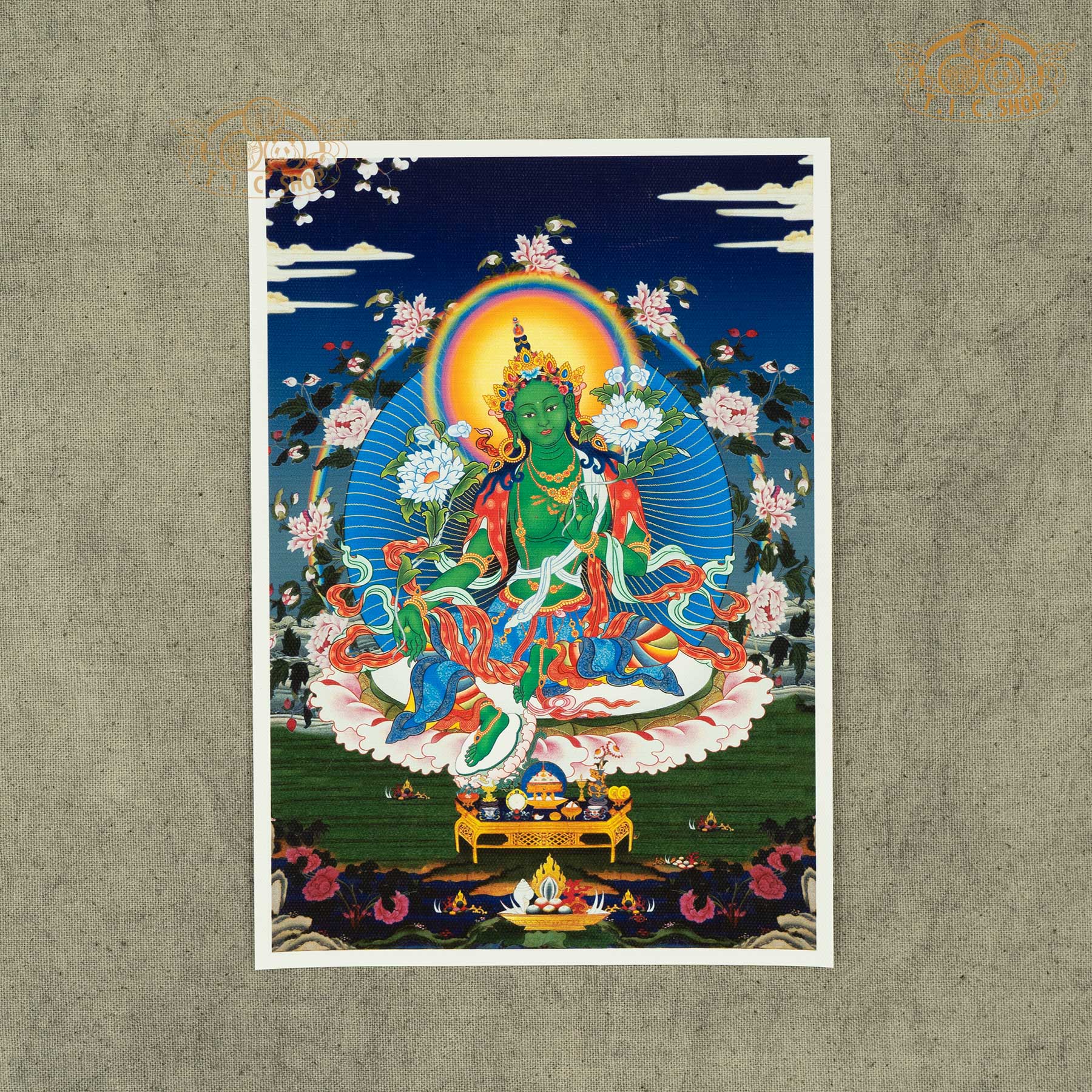 High-definition Green Tara image on canvas fabric, Tibetan Buddhist sacred artwork ideal for spiritual practice, meditation, and shrine decoration