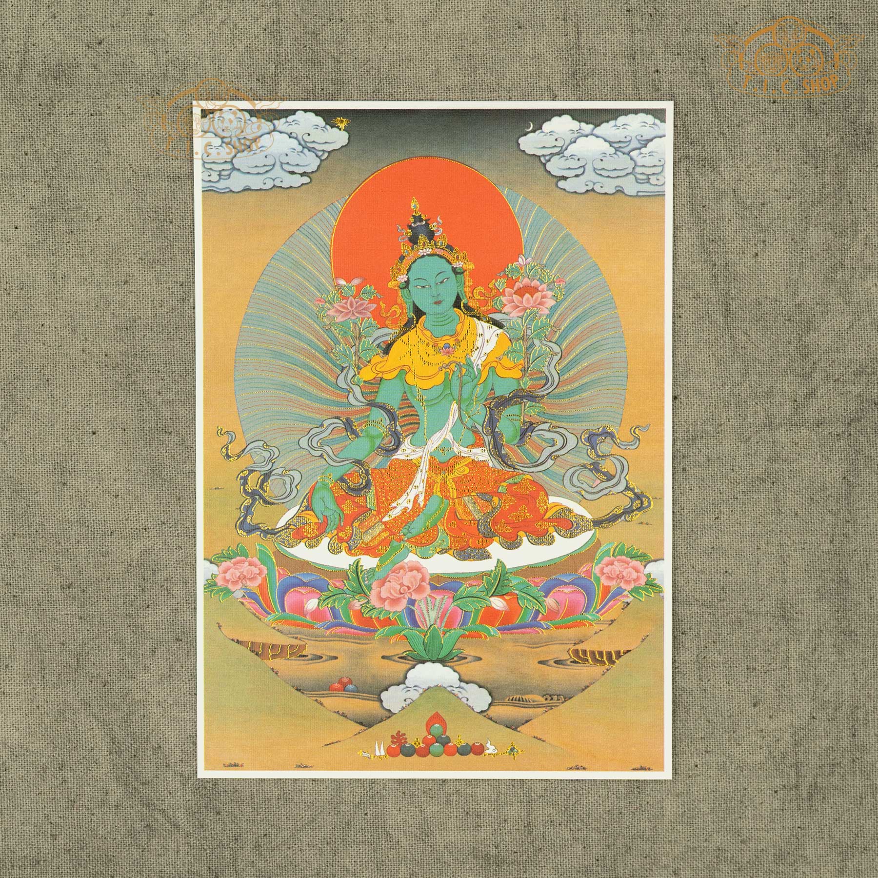 High-definition Green Tara image on canvas fabric with gold stamping, Tibetan Buddhist sacred artwork ideal for spiritual practice, meditation, and shrine decoration
