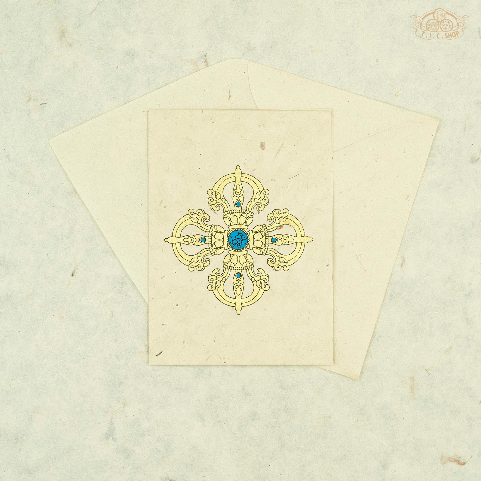 Handmade Nepalese Lokta paper greeting card with Tibetan Double Vajra symbol for blessings and spiritual décor