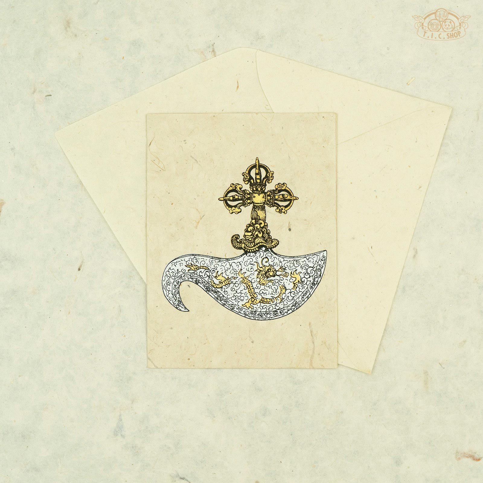 Handmade Nepalese Lokta paper greeting card with Tibetan Kartika symbol for blessings and spiritual décor