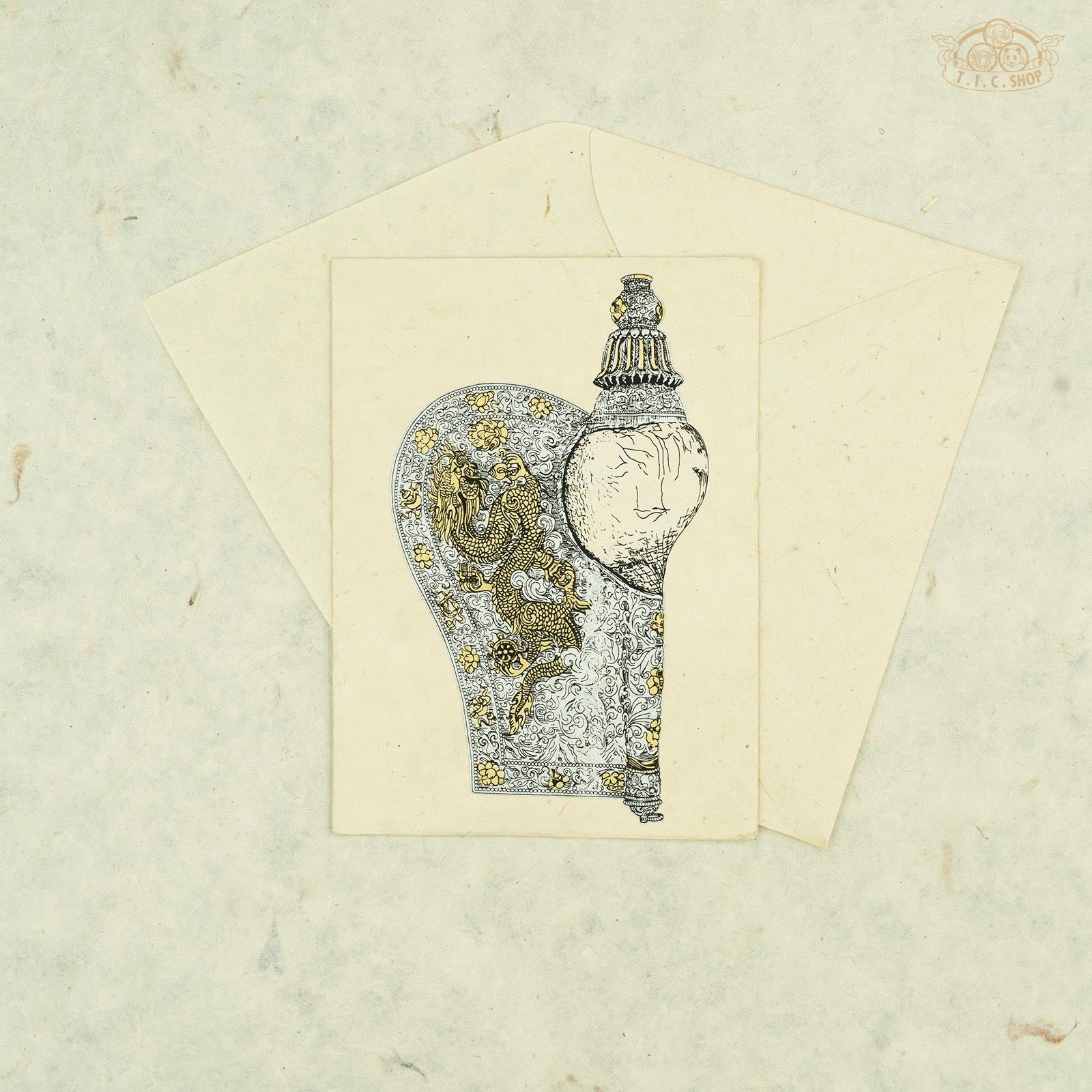 Handmade Nepalese Lokta paper greeting card with Tibetan Conch Shell symbol for blessings and spiritual décor