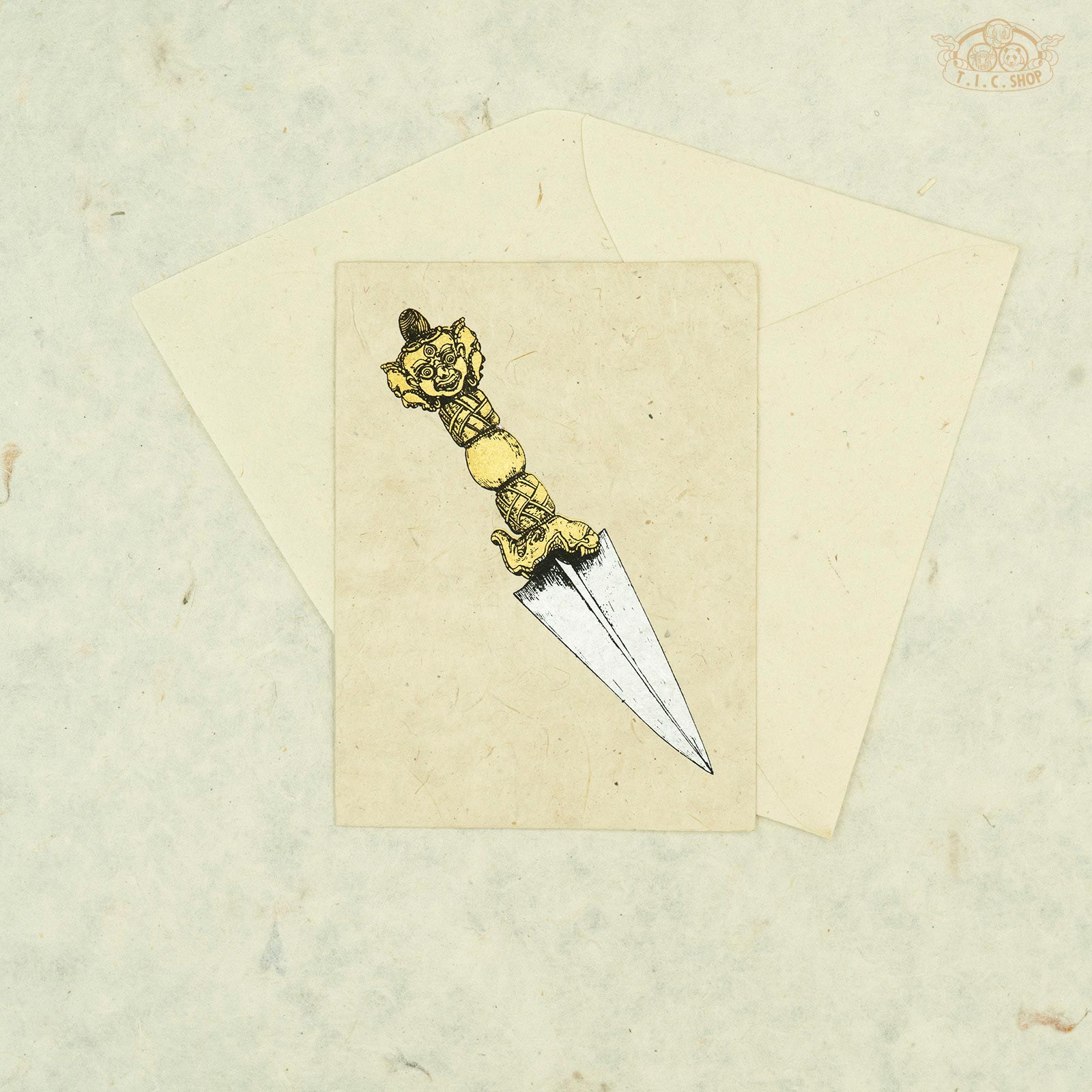 Handmade Nepalese Lokta paper greeting card with Tibetan Phurba symbol for blessings and spiritual décor