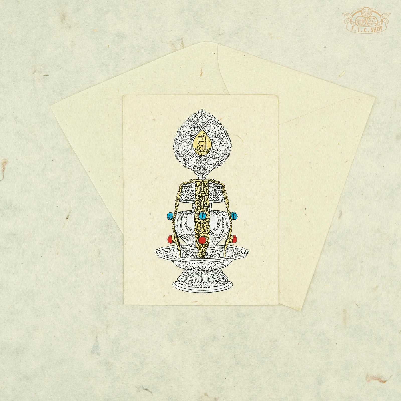 Handmade Nepalese Lokta paper greeting card with Tibetan Treasure Vase symbol for blessings and spiritual décor