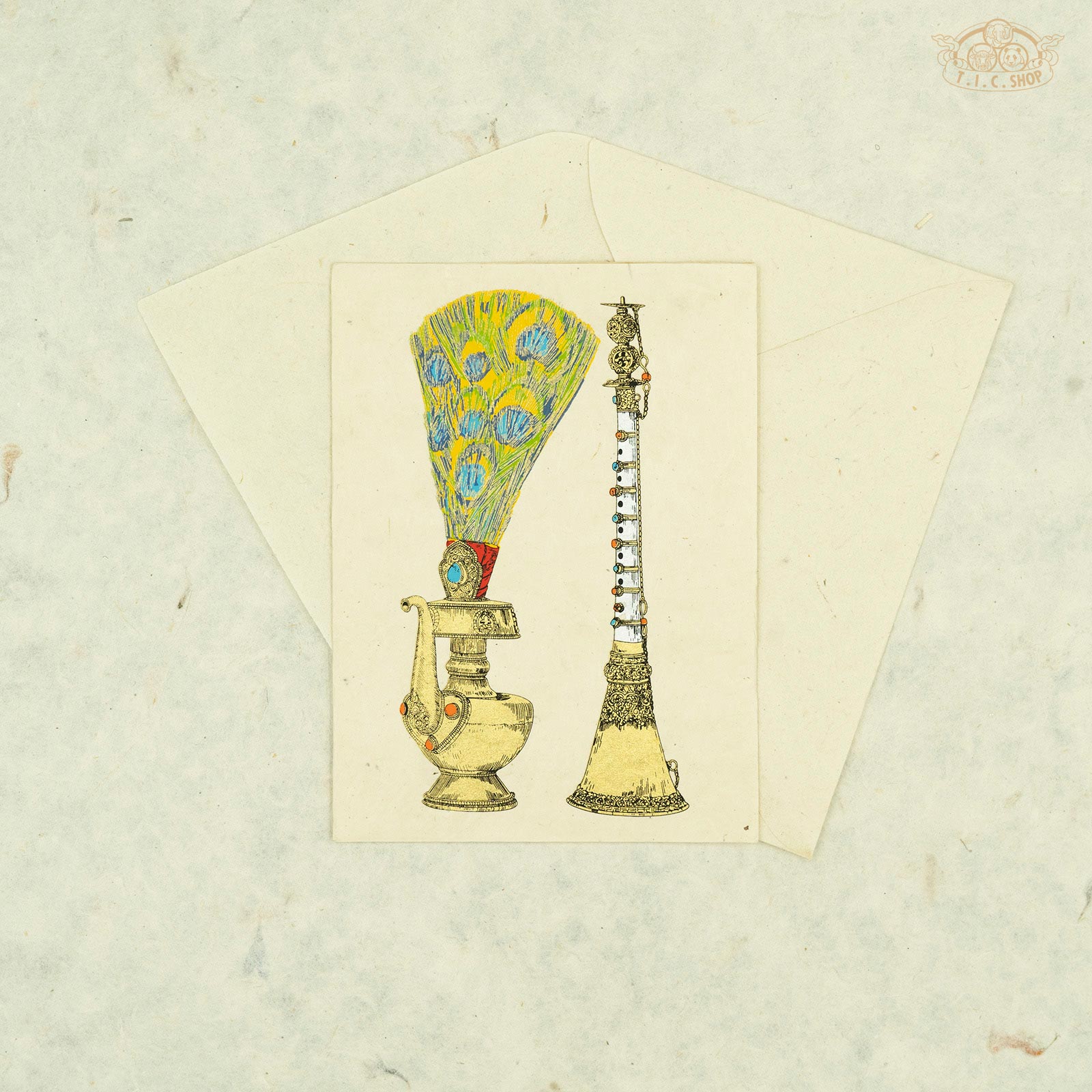 Handmade Nepalese Lokta paper greeting card with Tibetan Bhumpa and Gyaling symbols for blessings and spiritual décor