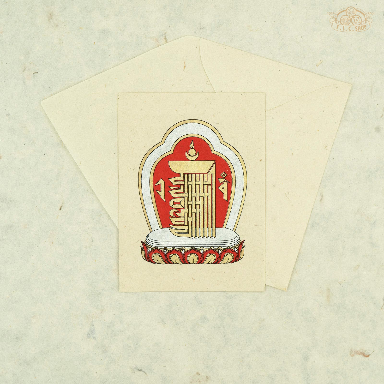 Handmade Nepalese Lokta paper greeting card with Tibetan Kalachakra symbol for blessings and spiritual décor