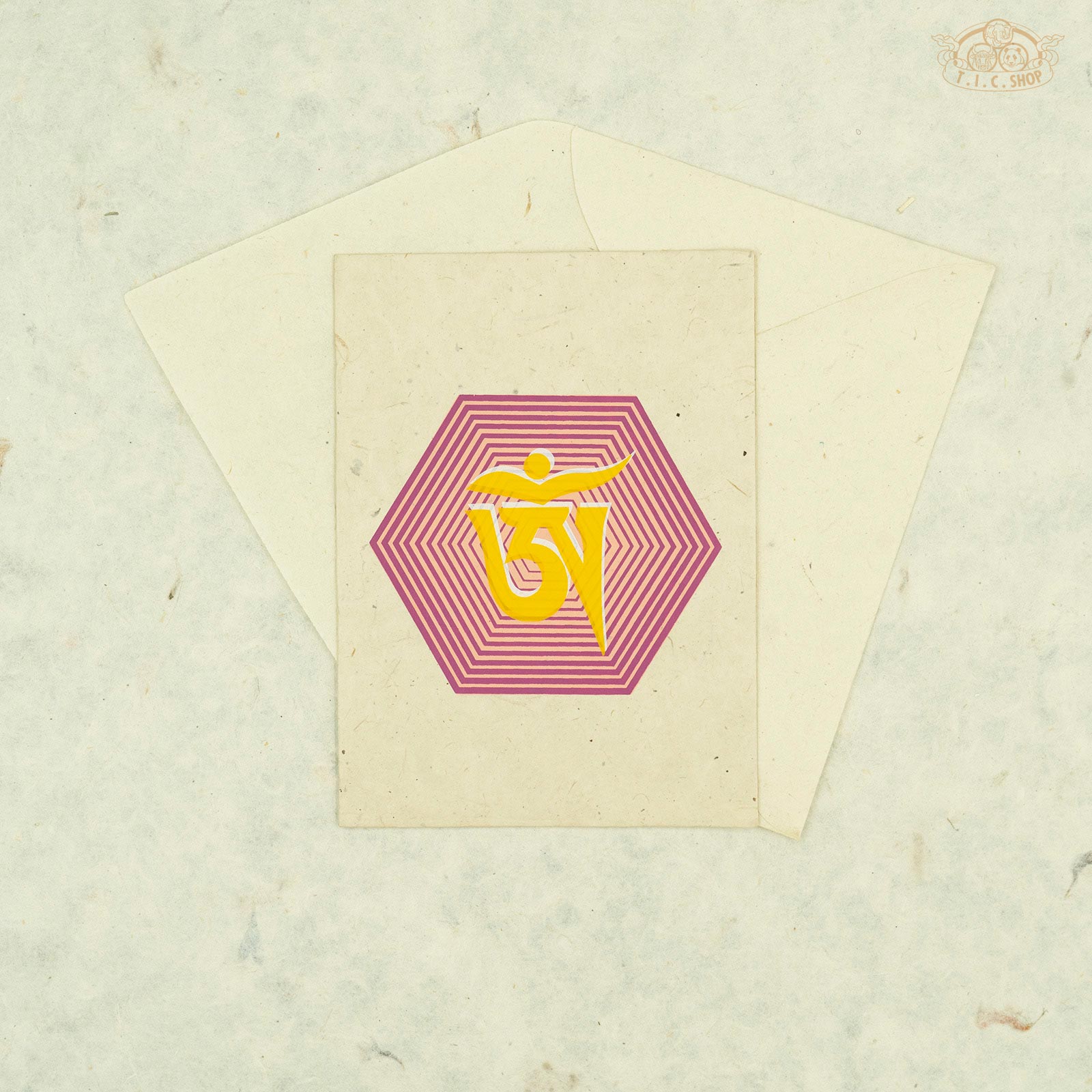 Handmade Nepalese Lokta paper greeting card with Tibetan Om symbol for blessings and spiritual décor