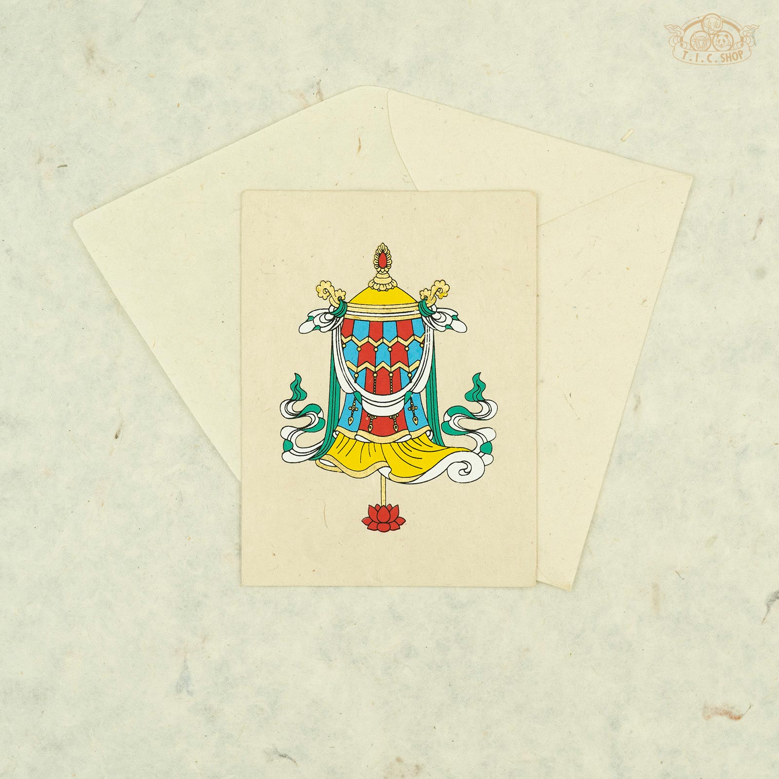 Handmade Nepalese Lokta paper greeting card with Tibetan Victory Banner symbol for blessings and spiritual décor