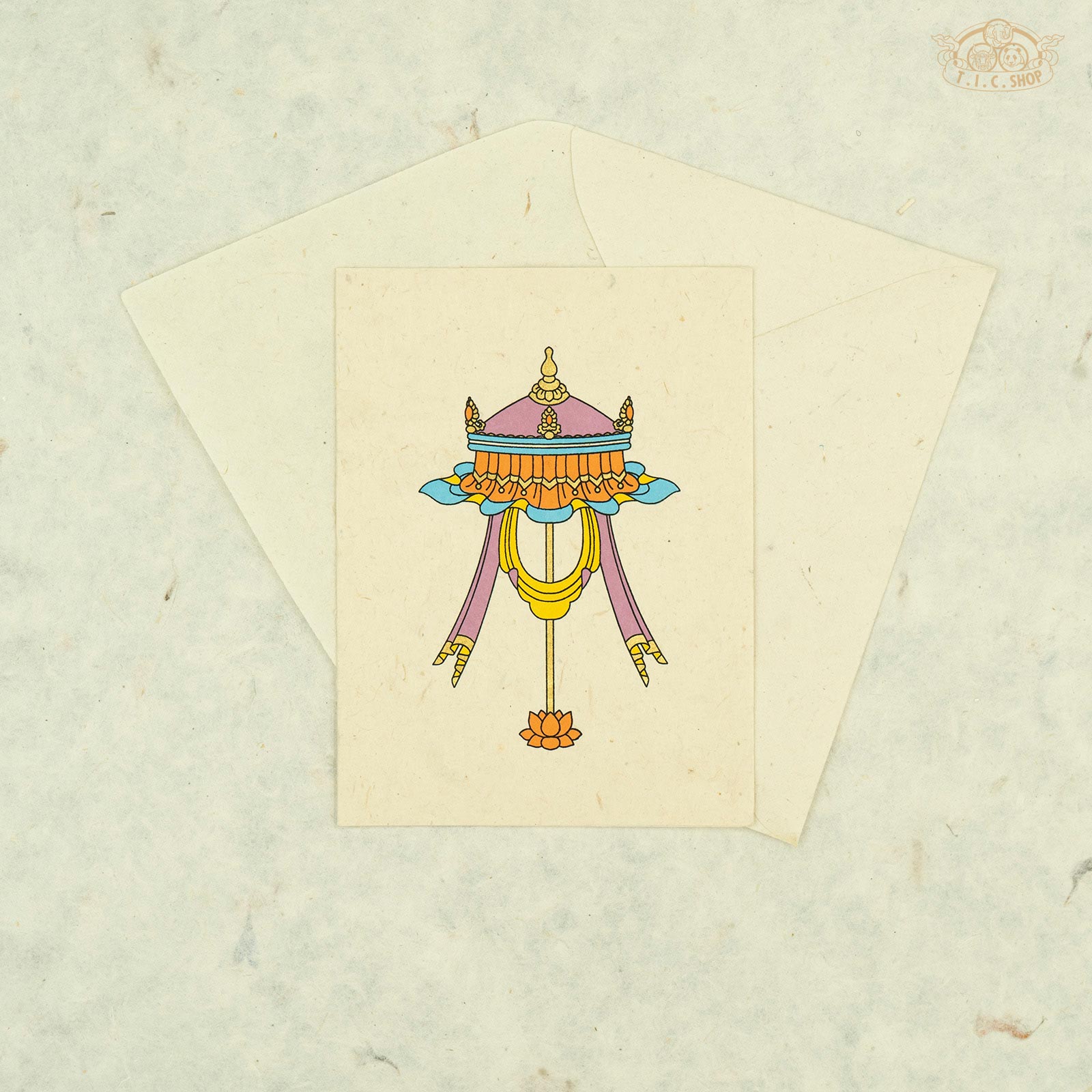 Handmade Nepalese Lokta paper greeting card with Tibetan Parasol symbol for blessings and spiritual décor