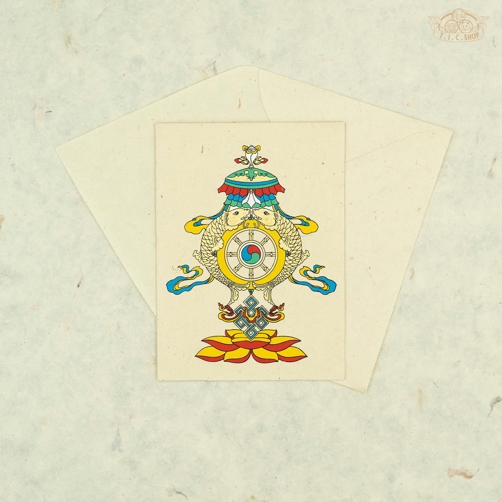 Handmade Nepalese Lokta paper greeting card with Eight Auspicious Symbols of Tibetan Buddhism representing blessings and harmony