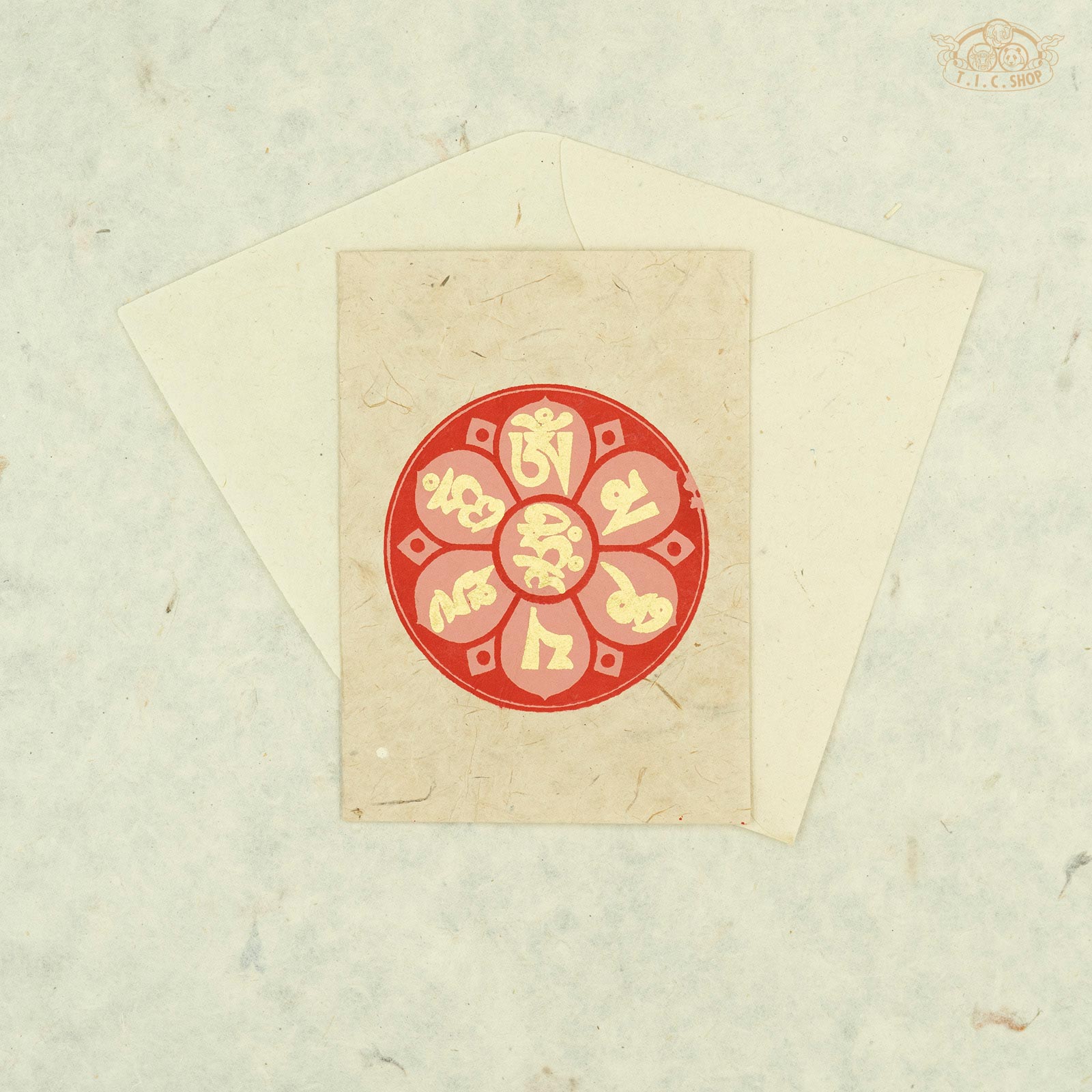 Handmade Nepalese Lokta paper greeting card featuring the sacred Tibetan Om Mani Padme Hum mantra for blessings and spiritual well-being