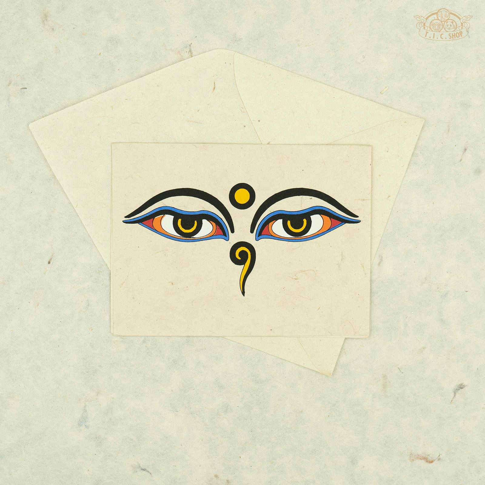 Handmade Nepalese Lokta paper greeting card featuring the Wisdom Eyes of Buddha symbolizing awareness and enlightenment
