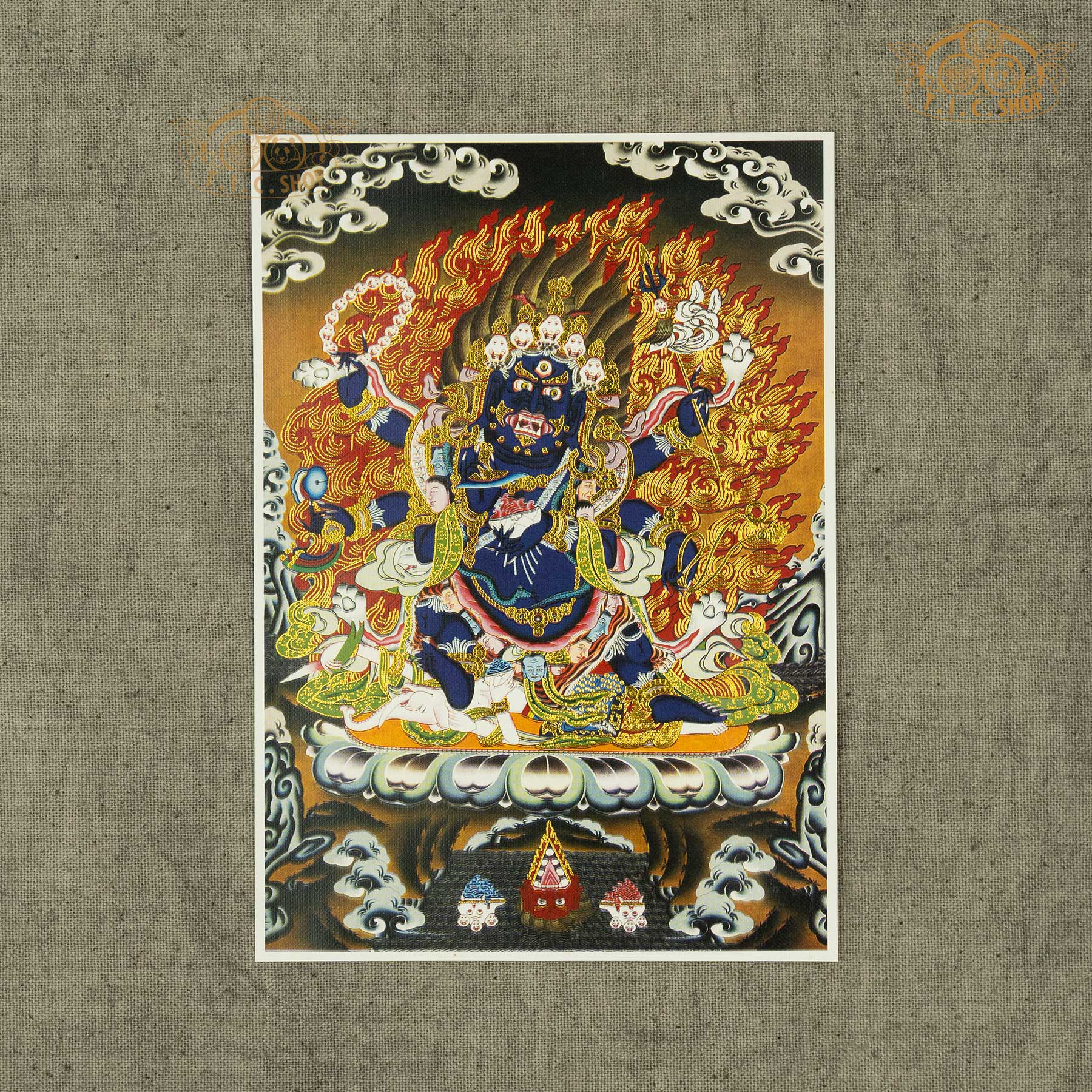 High-definition Mahakala image on canvas fabric with gold stamping, Tibetan Buddhist sacred artwork symbolizing protection, wisdom, and removal of obstacles.