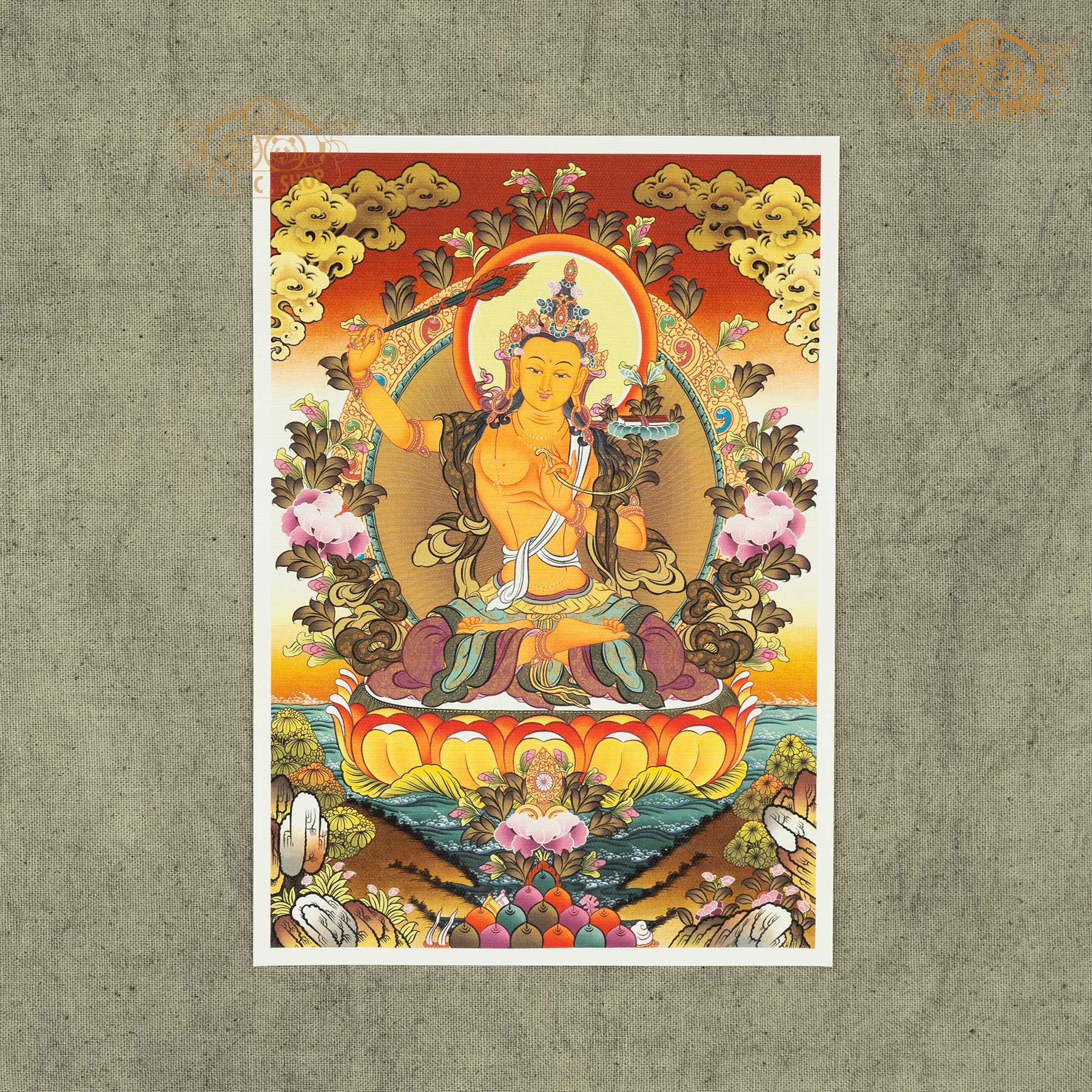 High-definition Manjushri image on canvas fabric, Tibetan Buddhist sacred artwork symbolizing wisdom, learning, and spiritual insight