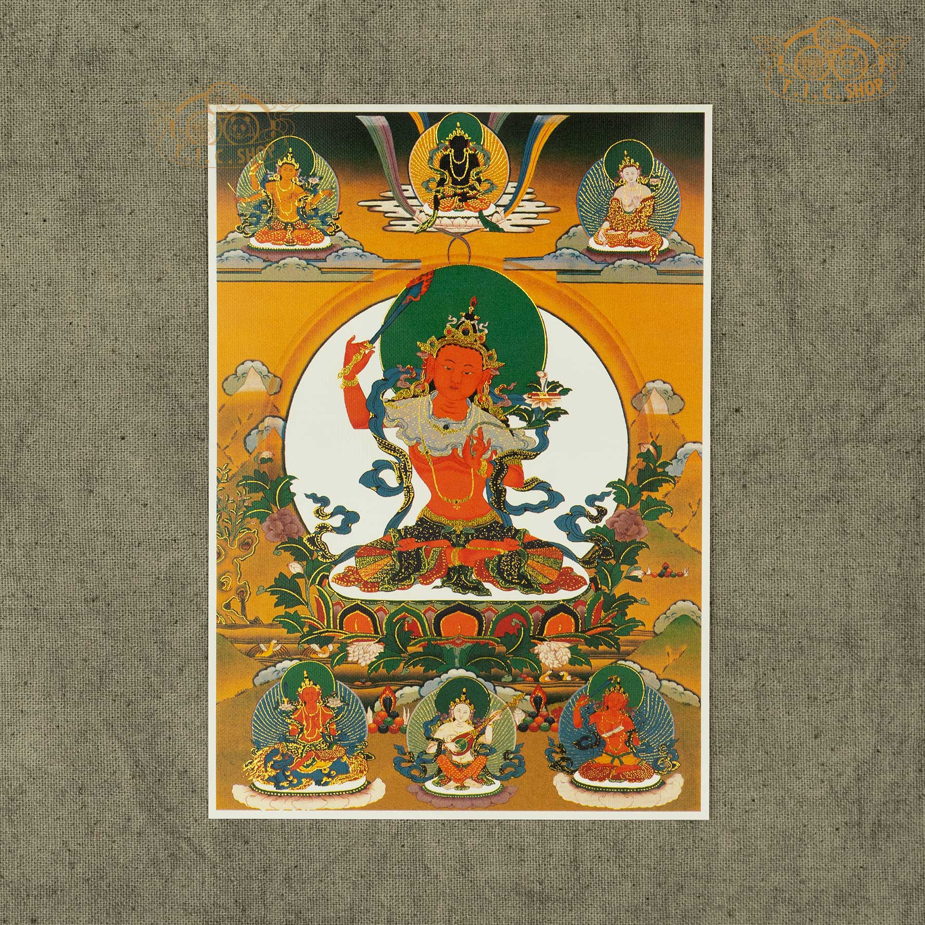 High-definition Manjushri image on canvas fabric with gold stamping, Tibetan Buddhist sacred artwork symbolizing wisdom, learning, and spiritual insight