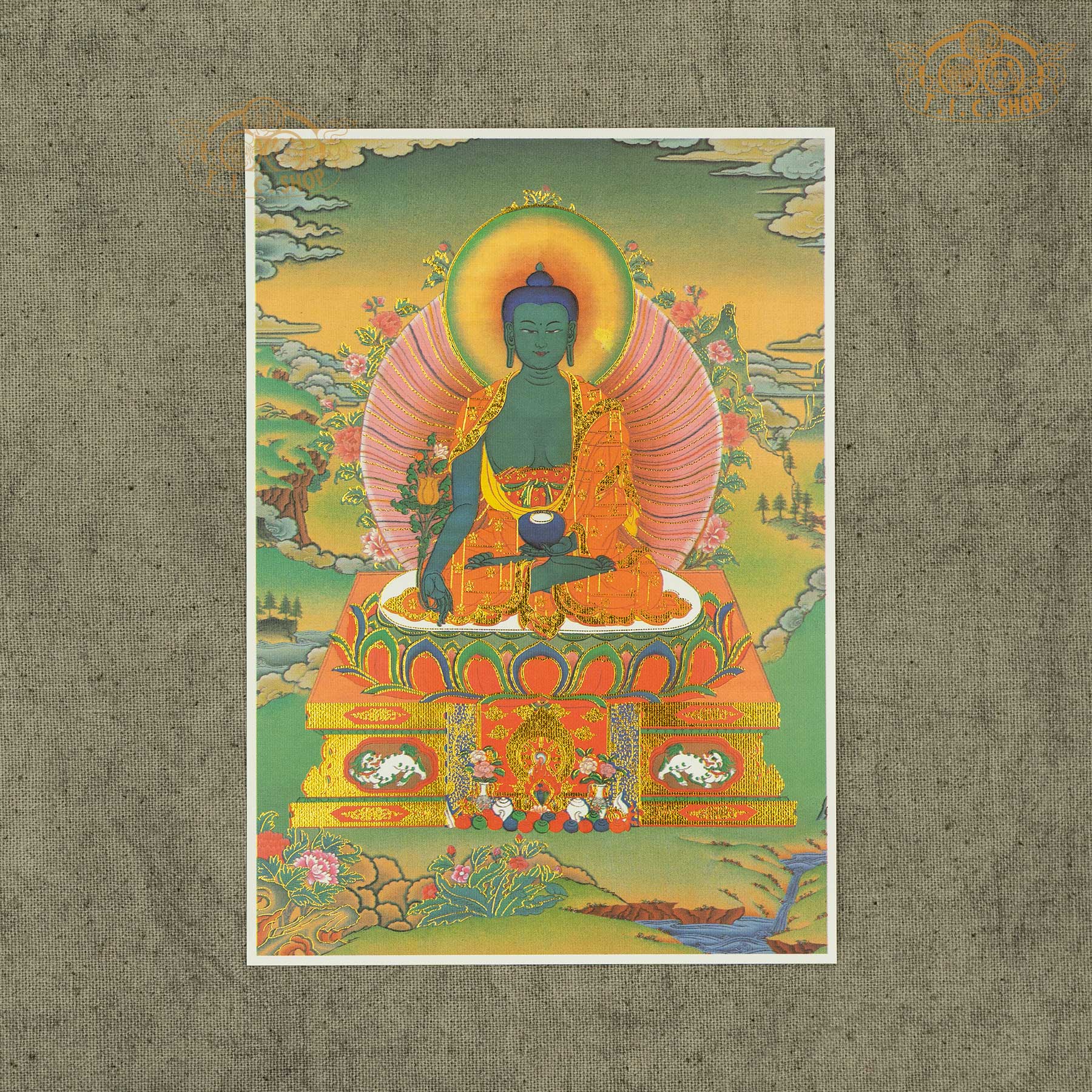 High-definition Medicine Buddha image on canvas fabric with gold stamping, Tibetan Buddhist sacred artwork ideal for spiritual healing, meditation, and shrine decoration