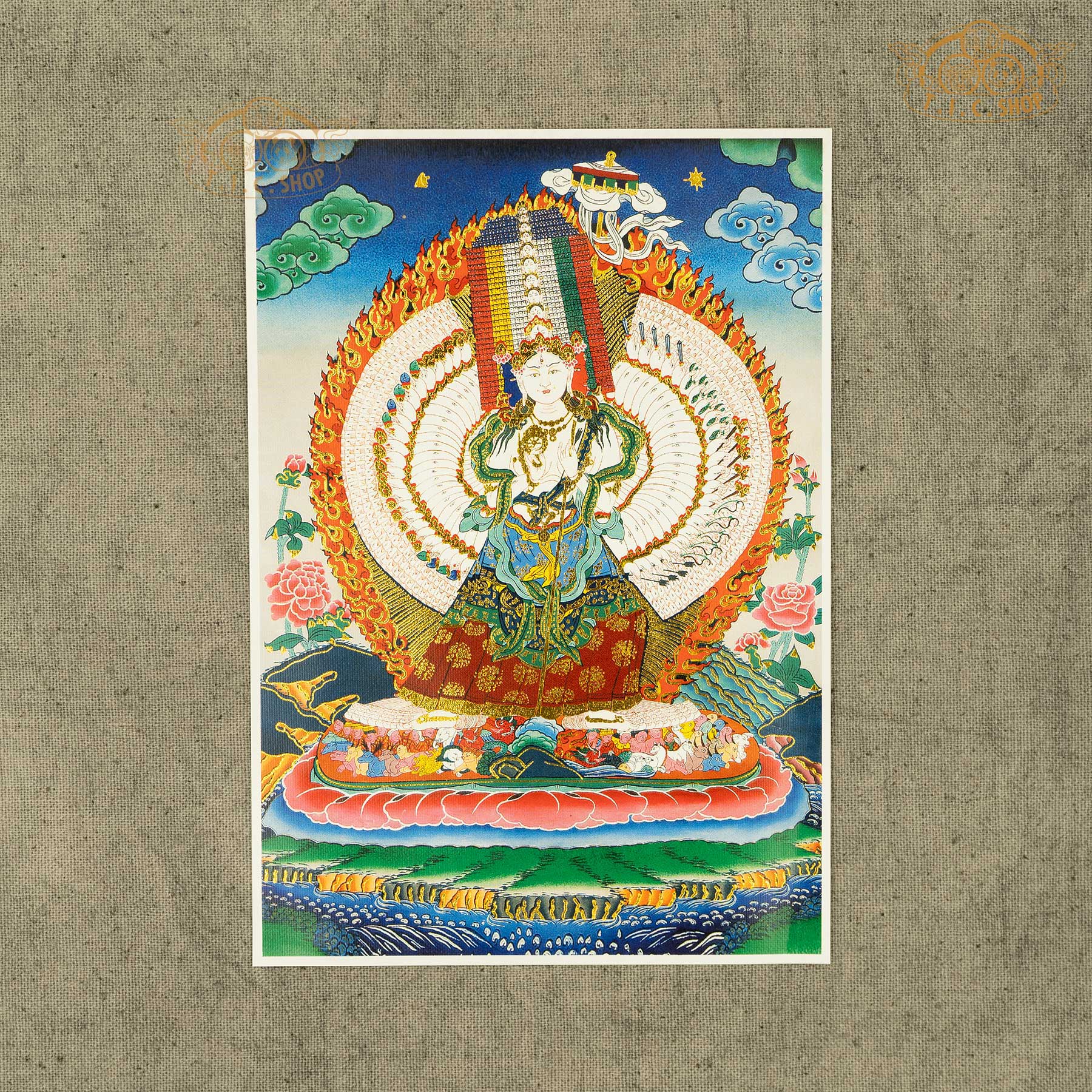 High-definition Sitatapatra image on canvas fabric with gold stamping, Tibetan Buddhist sacred artwork symbolizing protection, compassion, and spiritual power