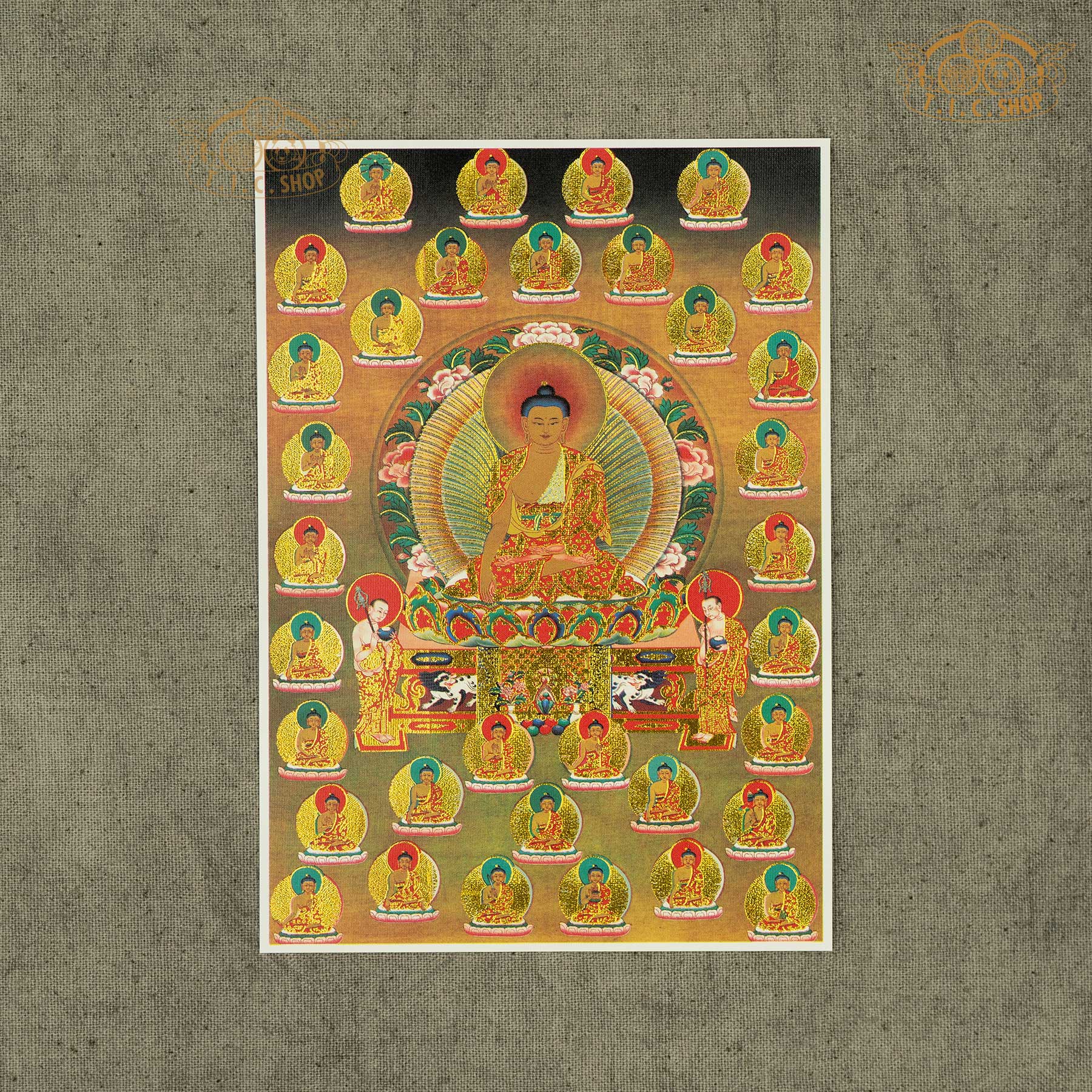 High-definition Thirty-five Confession Buddhas image on canvas fabric with gold stamping, Tibetan Buddhist sacred artwork symbolizing purification, merit accumulation, and spiritual practice