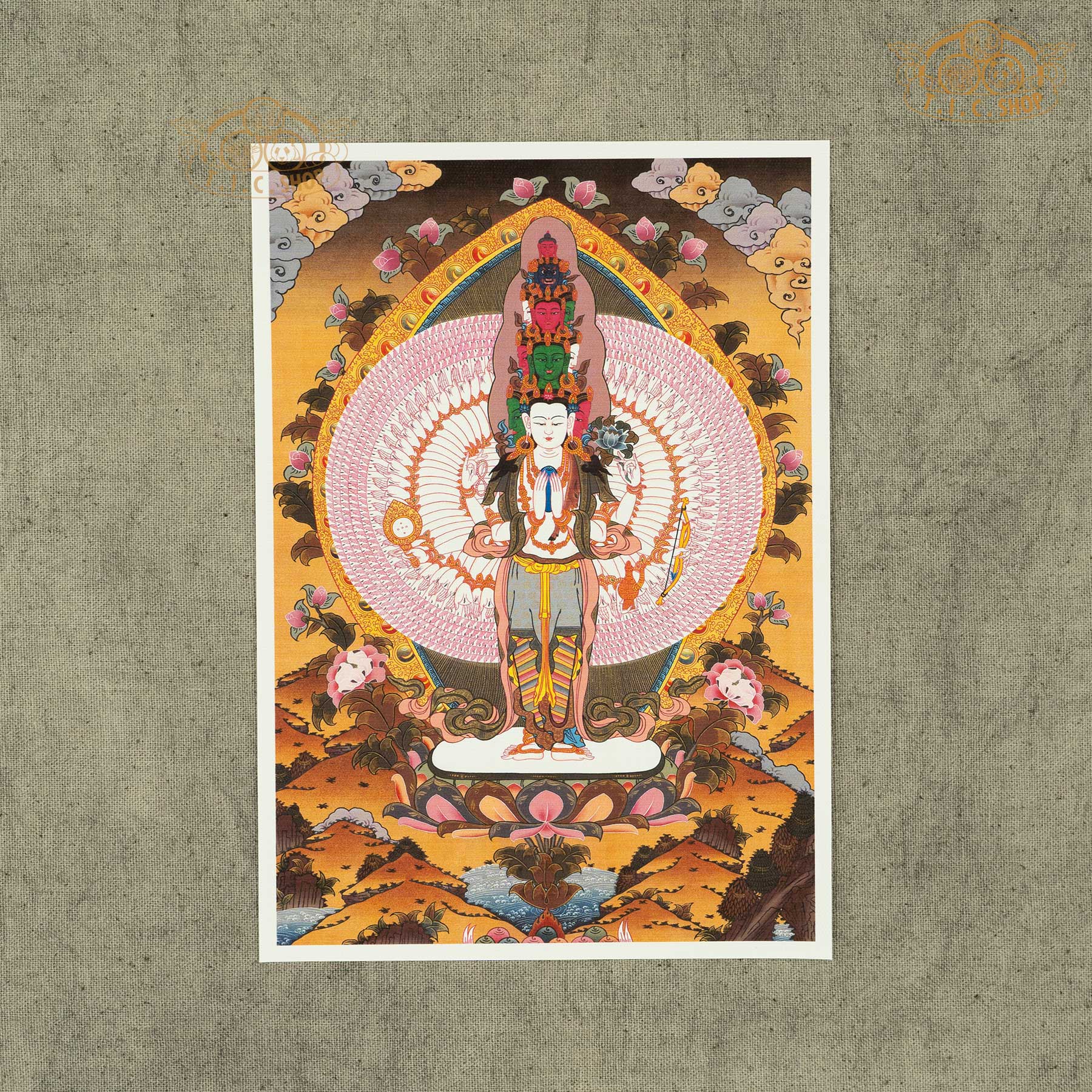High-definition Thousand-Armed Avalokitesvara image on canvas fabric, Tibetan Buddhist sacred artwork symbolizing compassion, mercy, and spiritual guidance