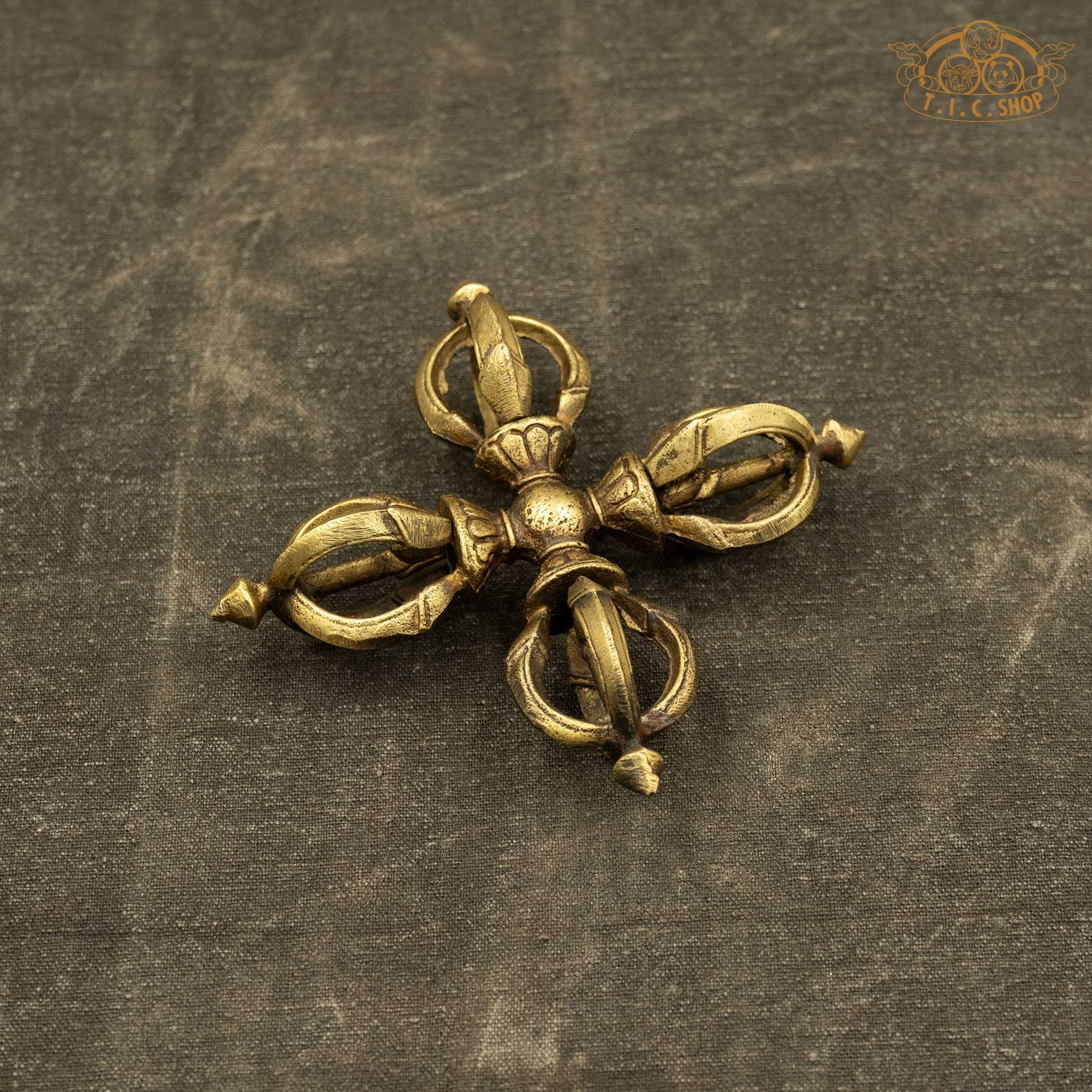 Handmade Himalayan brass Five-Pronged Double Vajra Dorje used in Vajrayana meditation and rituals

