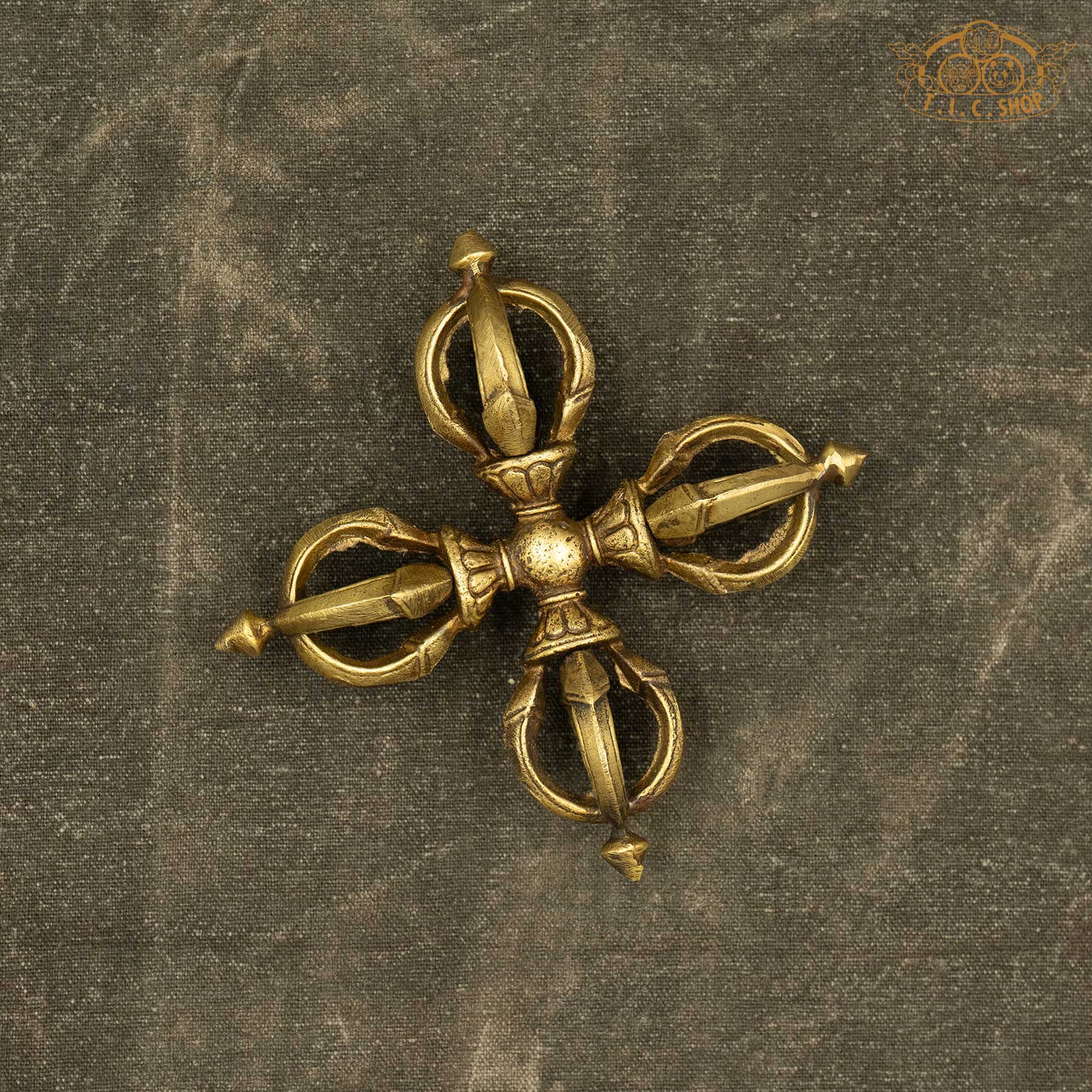Brass Tibetan Five-Pronged Double Vajra Dorje handcrafted for Buddhist rituals and altar offerings