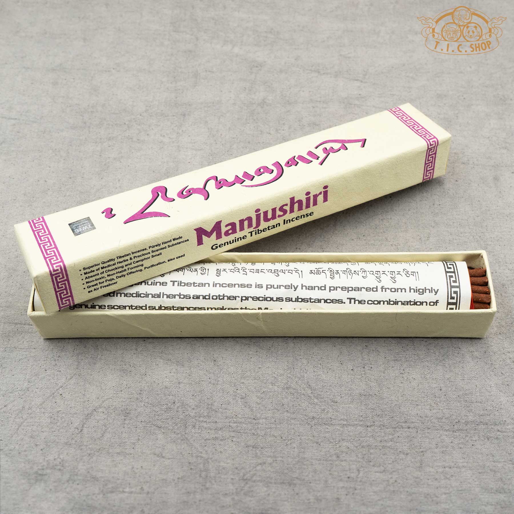 Open package of Manjushiri Genuine Tibetan incense showing incense sticks inside