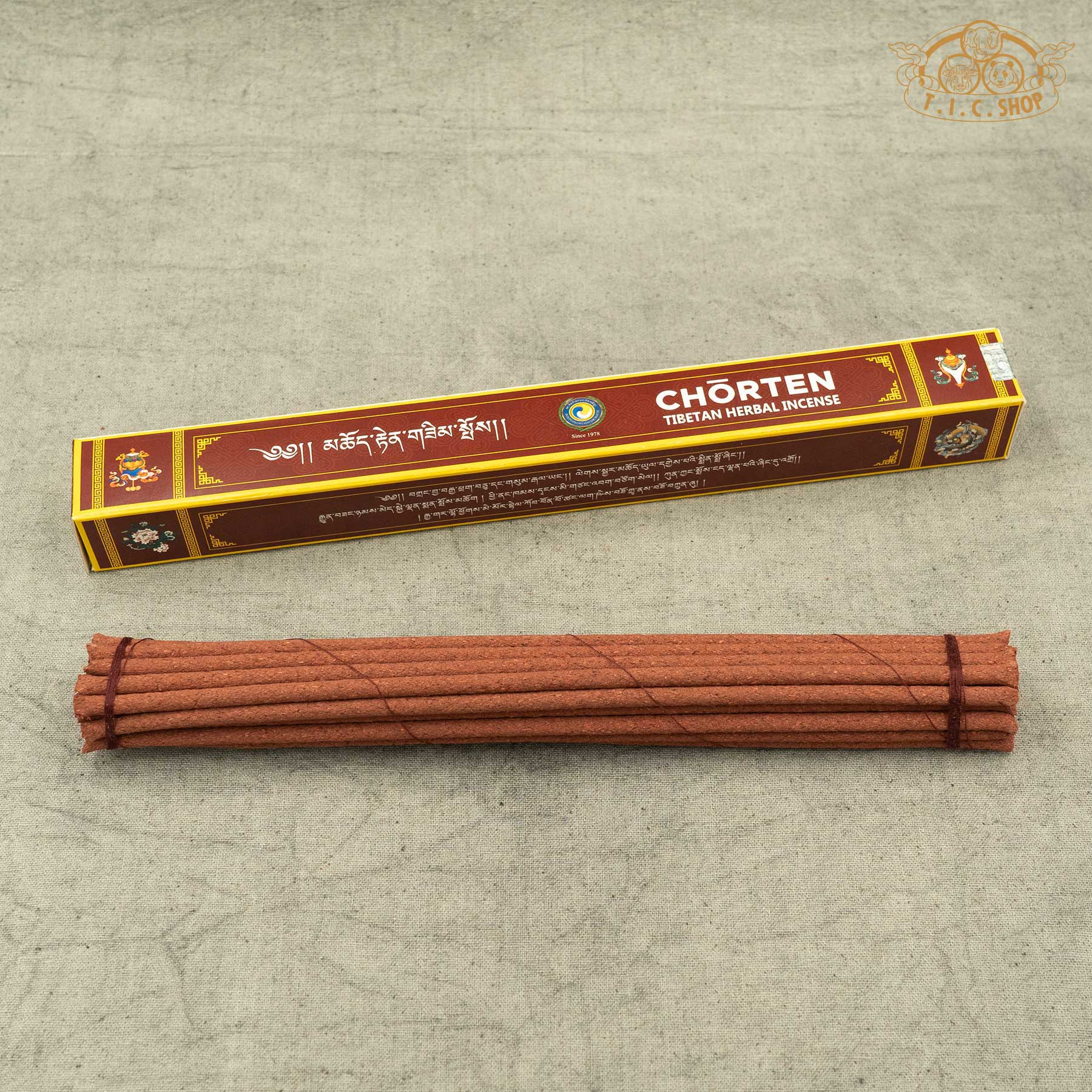 Open package of Chorten Tibetan incense showing incense sticks