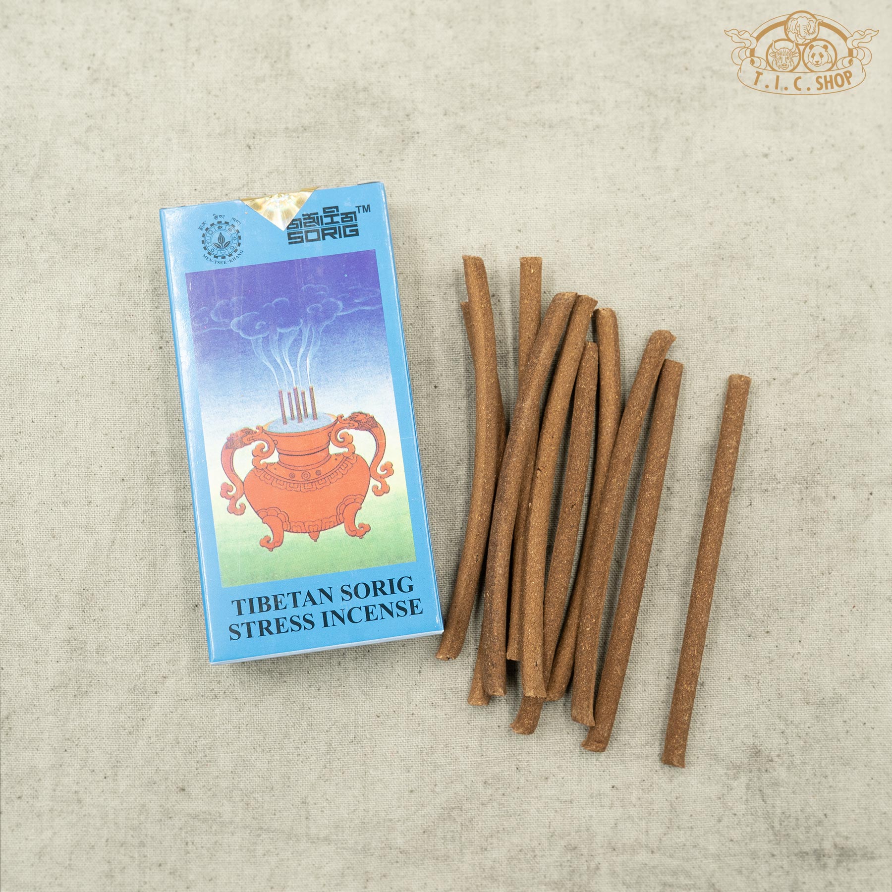 Open package of Tibetan Sorig Stress incense showing incense sticks
