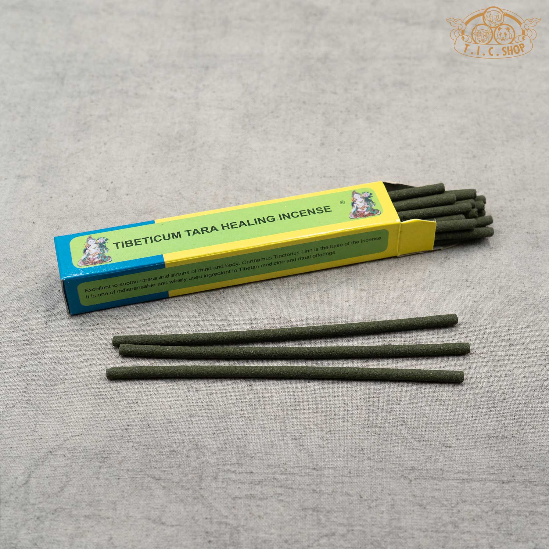 Open package of Tibeticumm Tara Tibetan incense showing incense sticks in green color