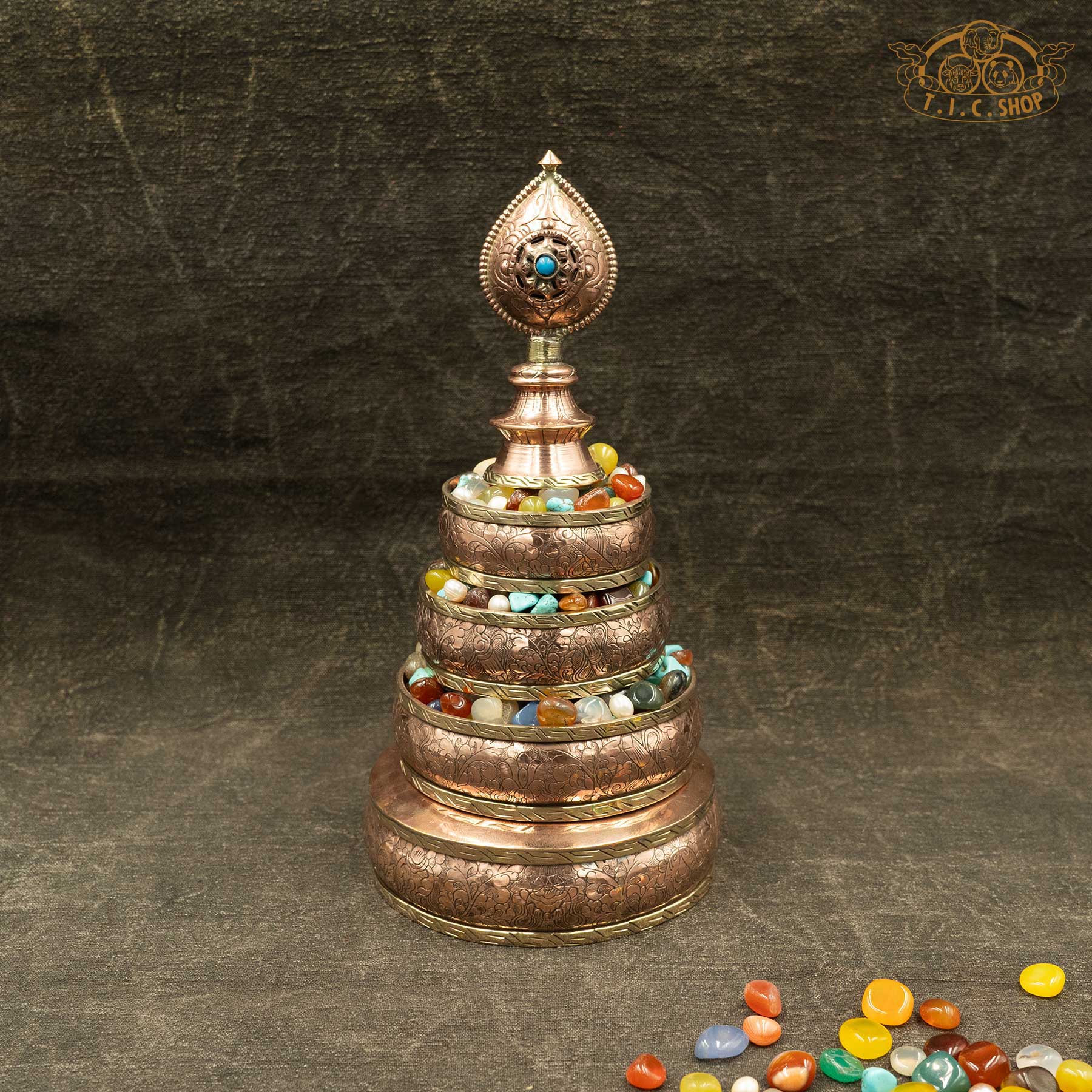 Handcrafted copper Mandala offering set, base 10.2cm diameter, for Tibetan Buddhist puja and meditation