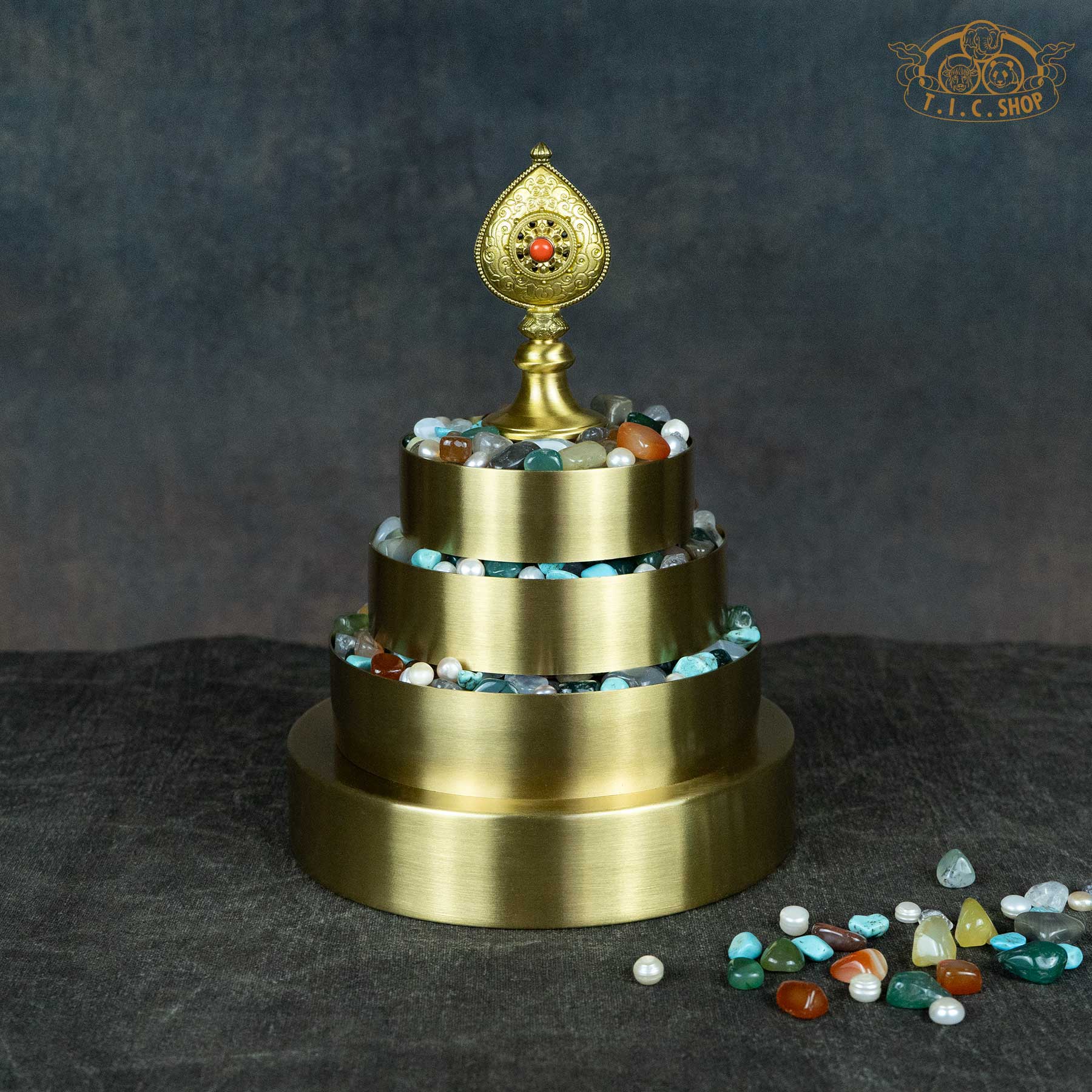 Traditional Tibetan brass mandala set, 19.5cm height, without semi-precious stones, handmade