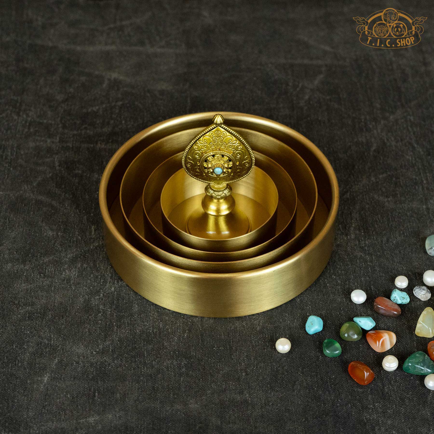 Brass Tibetan mandala offering set, 12cm base, for altar, shrine, or meditation practice