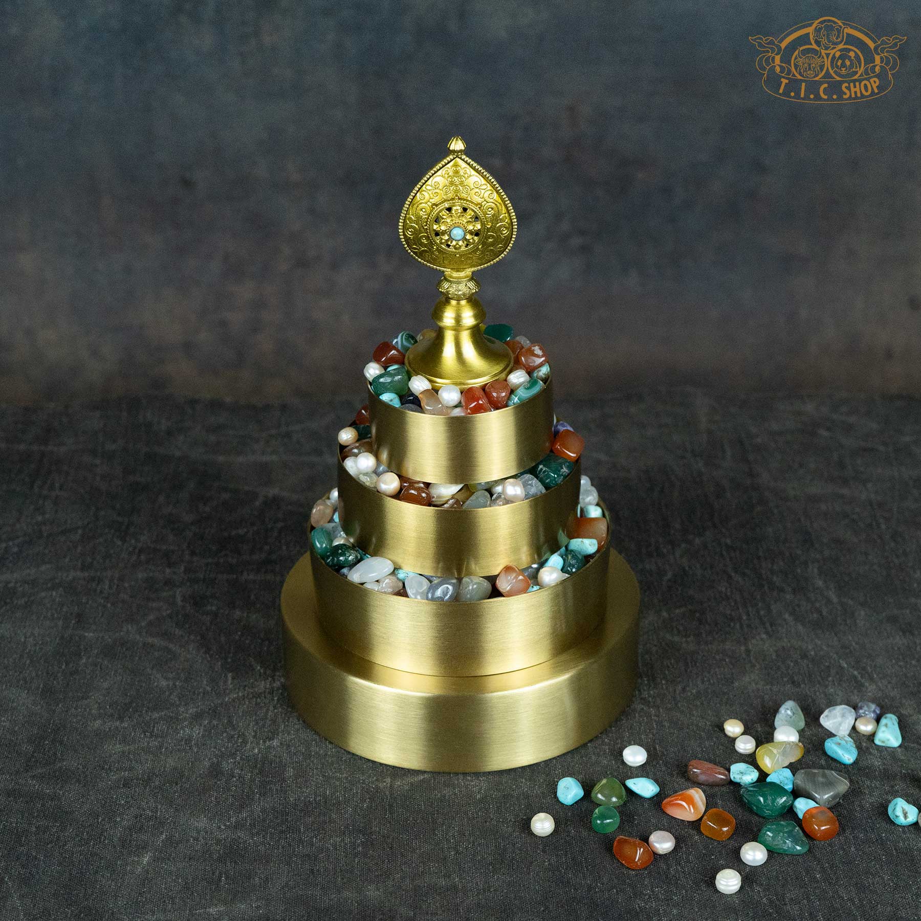 Traditional Tibetan brass mandala set, 18.5cm height, without semi-precious stones, handmade