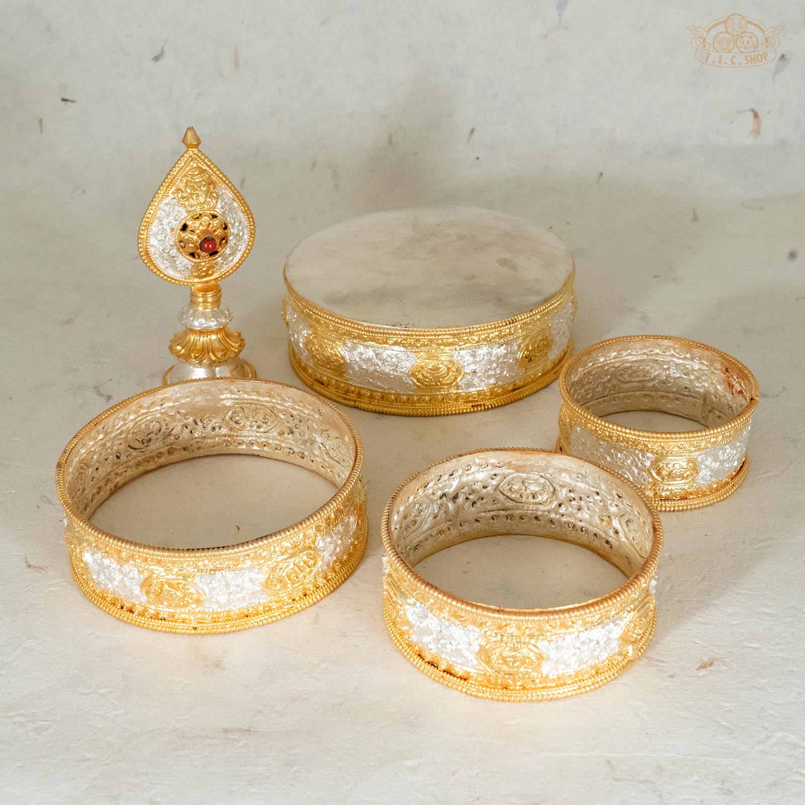 Brass and nickel silver Tibetan mandala offering bowl set for altar, puja, and spiritual practice, 27cm height