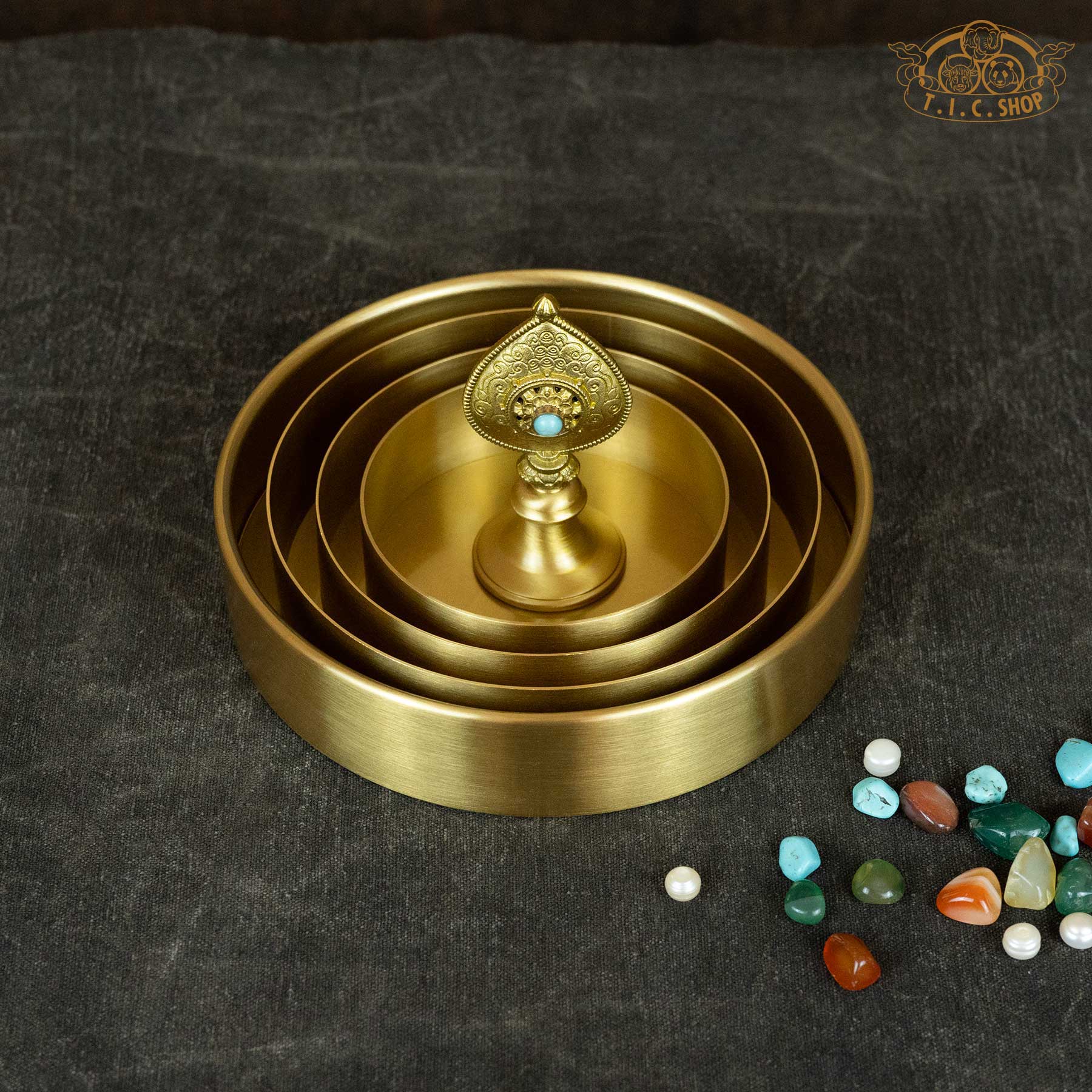 Top view of Brass Mandala Offering Set_Ø 14 cm showing the sacred mandala geometry, made of high-quality brass