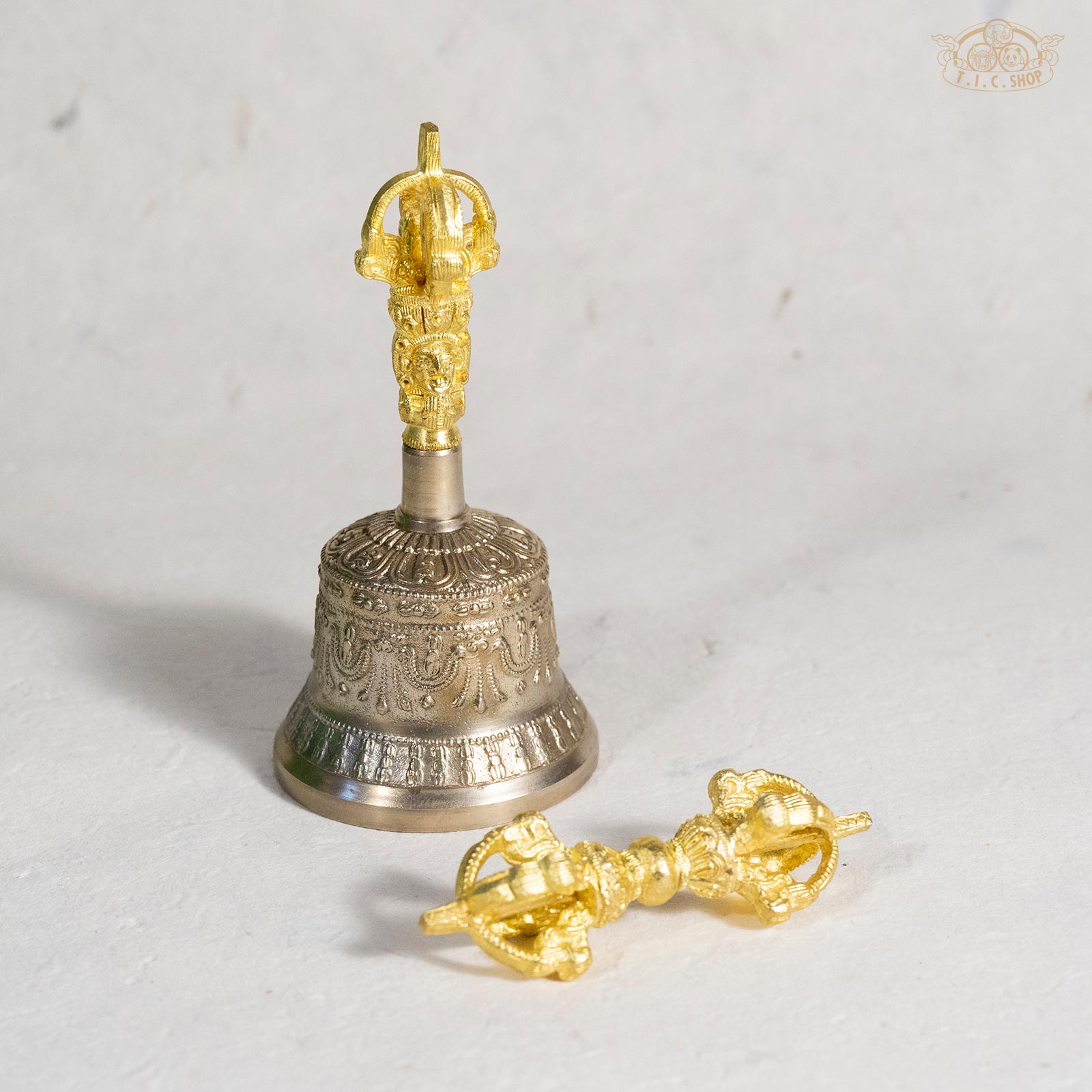 Small Himalayan brass Vajra and Bell set, 12 cm bell, sacred Tibetan Buddhist ritual implements