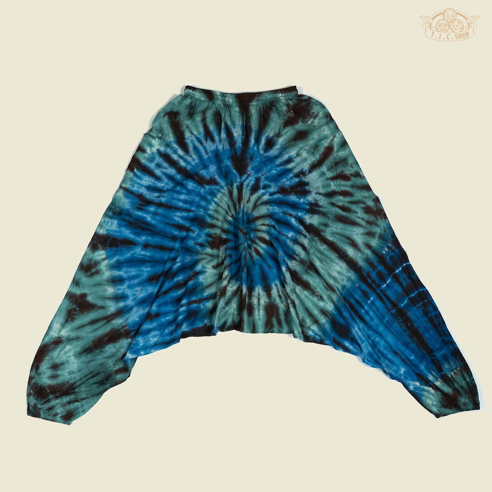 Back view of relaxed-fit tie-dye trousers with elastic cuffs.