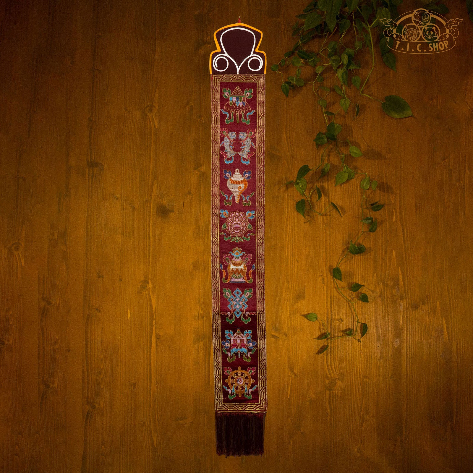 Brocade Wall Decoration with 8 Auspicious Symbols - Dark Red