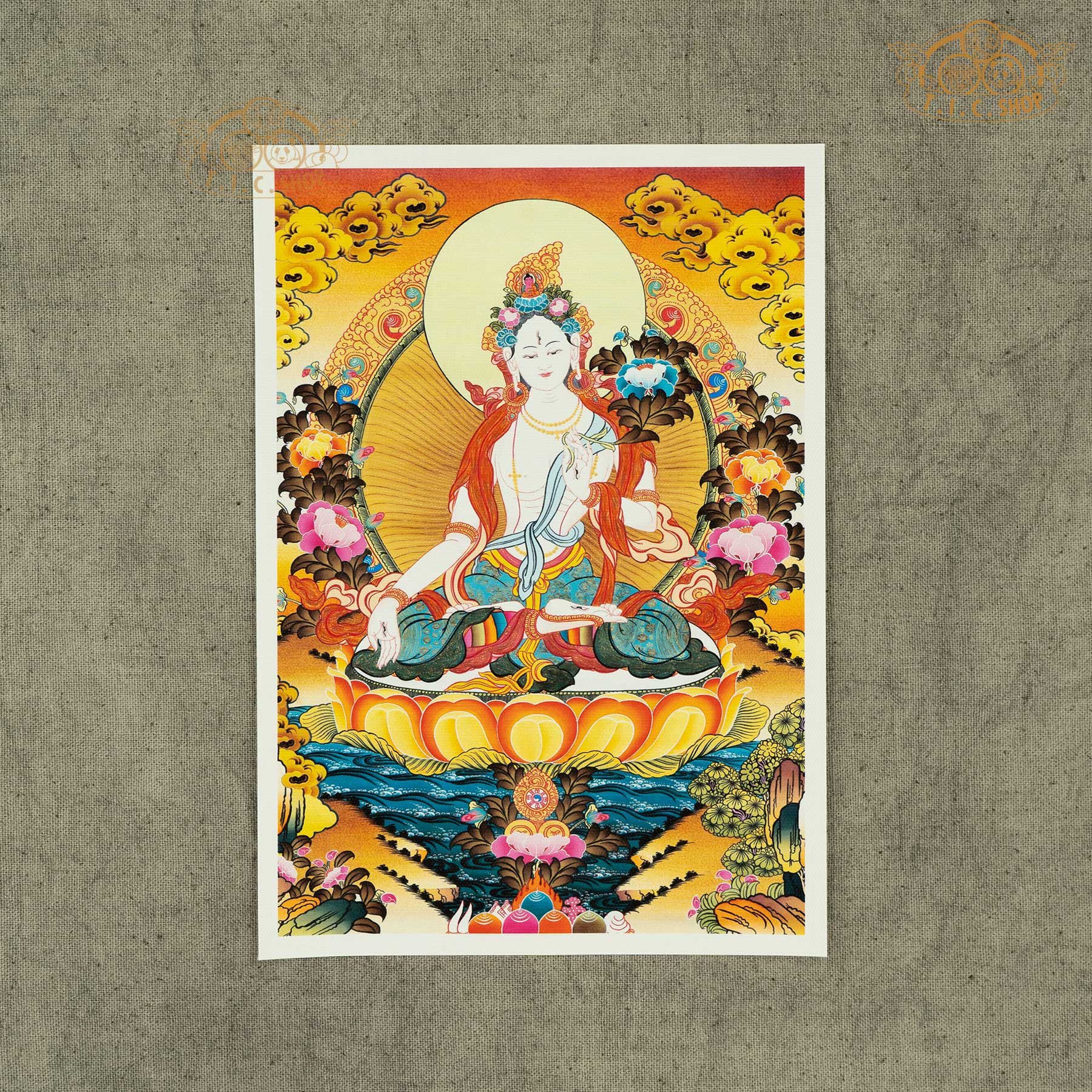 High-definition White Tara image on canvas fabric, Tibetan Buddhist sacred artwork ideal for spiritual practice, meditation, and shrine decoration