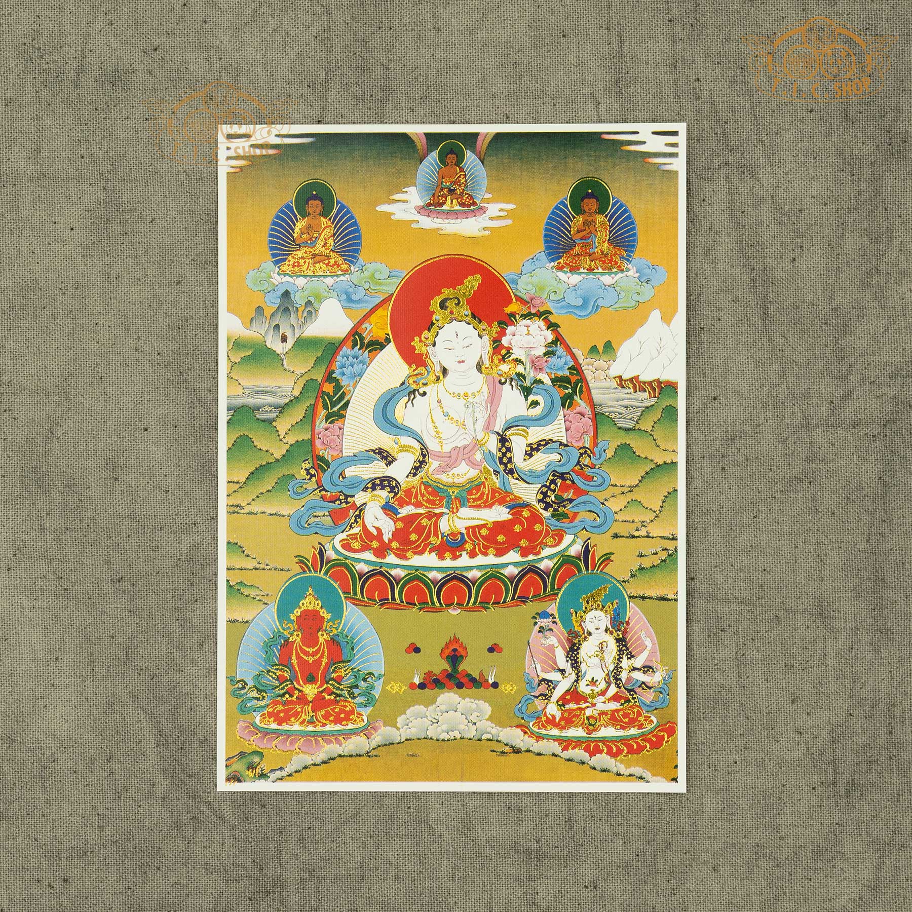 High-definition White Tara image on canvas fabric with gold stamping, Tibetan Buddhist artwork ideal for spiritual practice, meditation, and shrine decoration