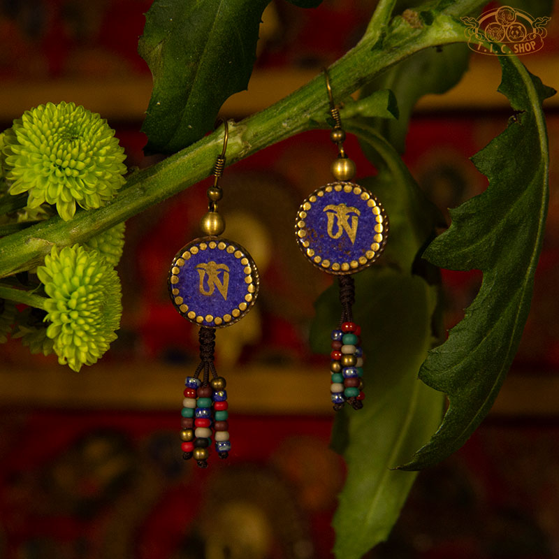 Om Tibetan Style Earrings, Handmade Inlay Beads