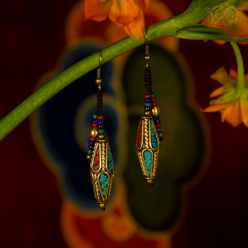 Droplets Tibetan Style Earrings, Handmade Inlay Beads
