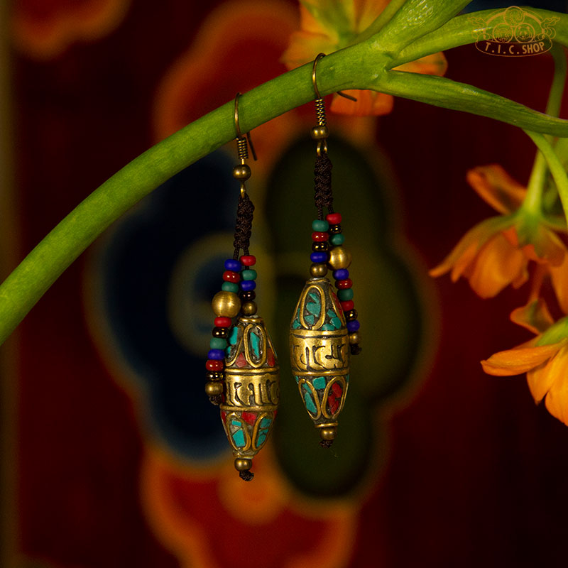 Prayer Wheel Tibetan Style Earrings, Handmade Inlay Beads