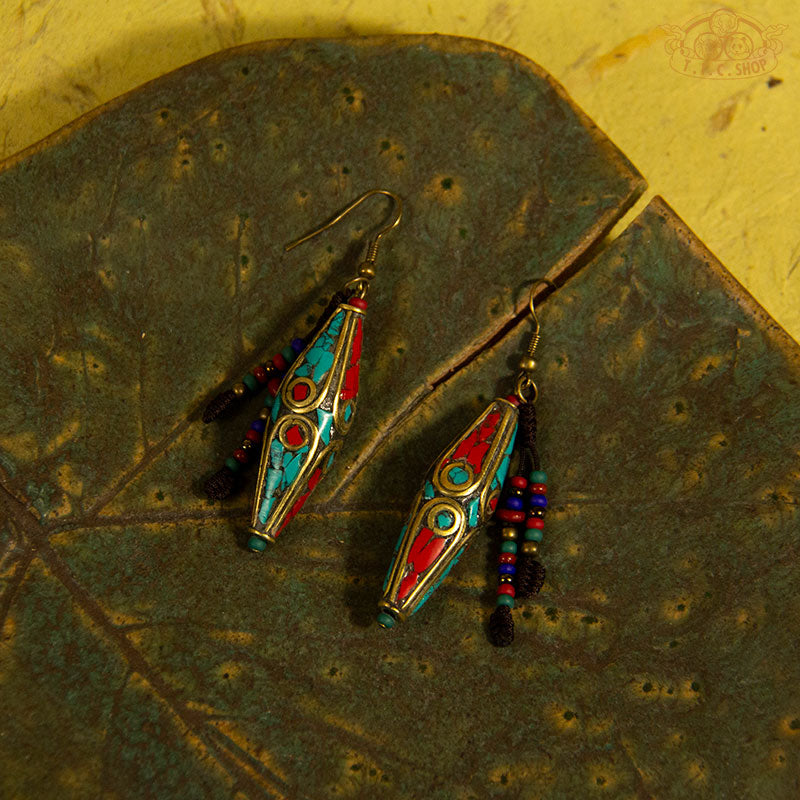Painted Pillar Tibetan Style Earrings, Handmade Inlay Beads