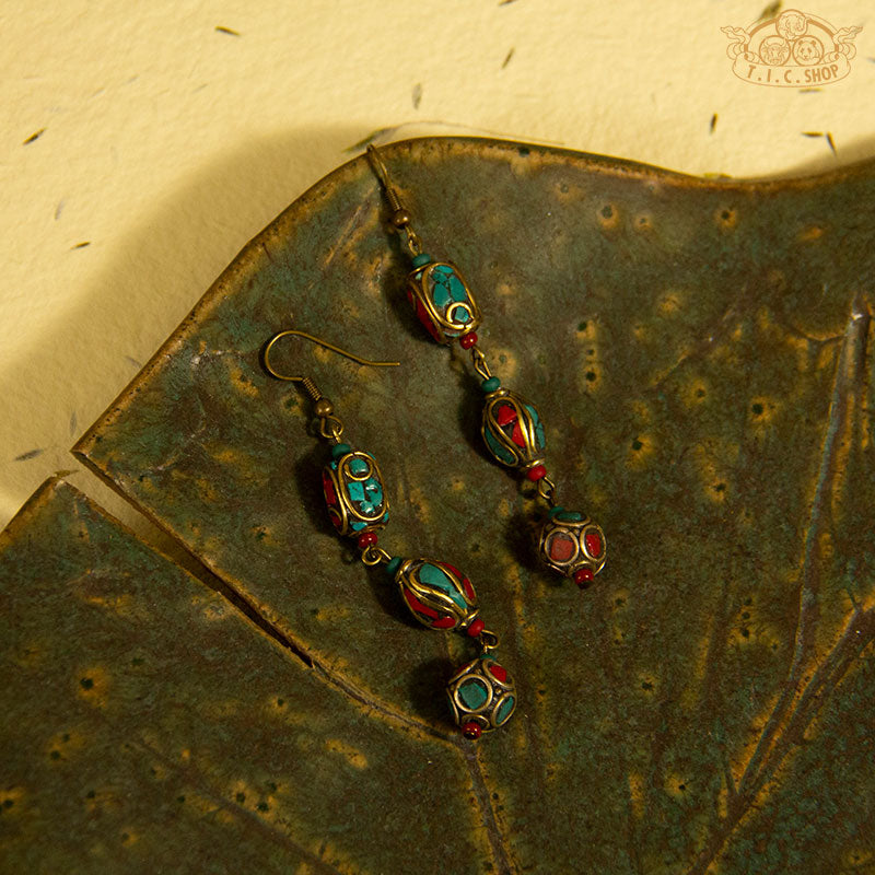 Raindrop Tibetan Style Earrings, Handmade Inlay Beads