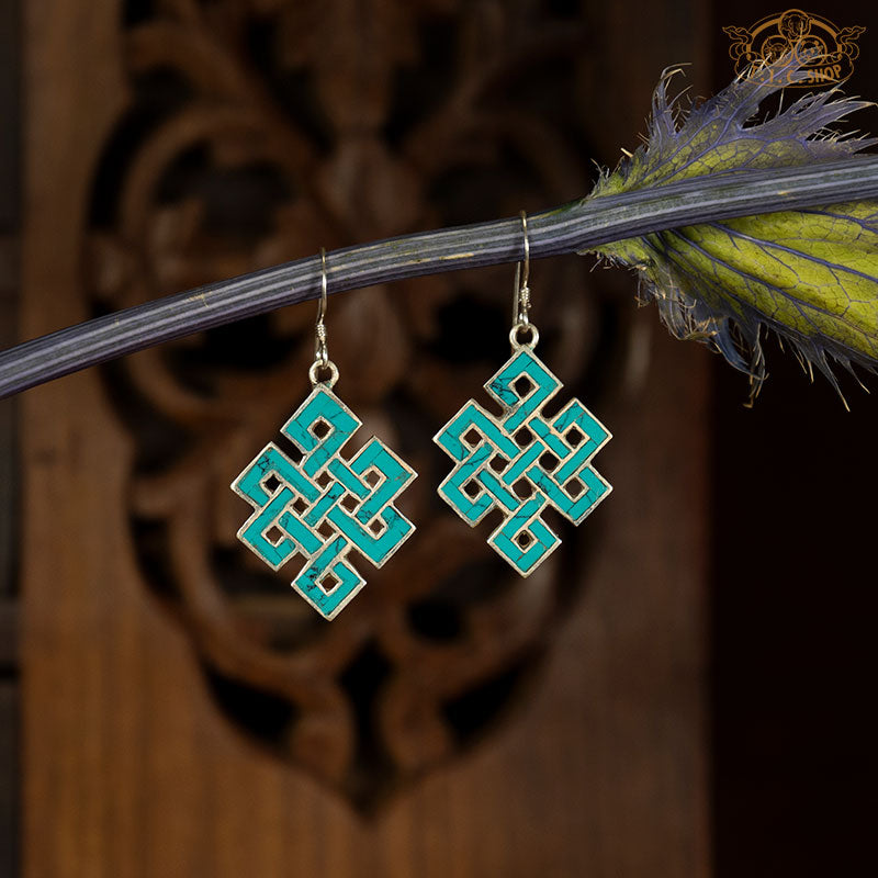 Endless Knot Turquoise Inlay Silver Earrings