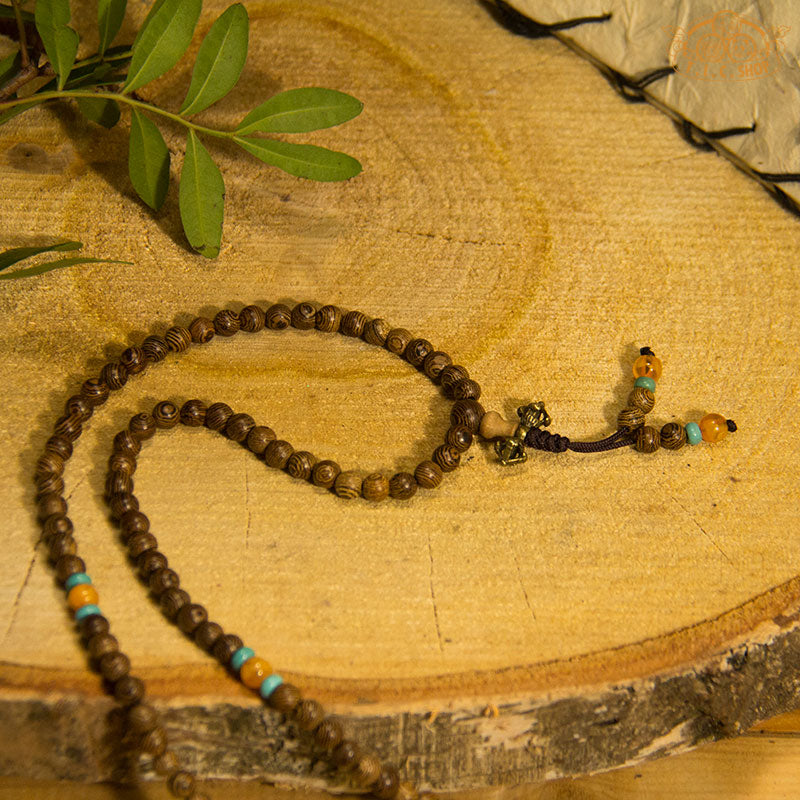 Om Mandala Siamese Cassia Wood 6 mm 108-Bead Mala Necklace