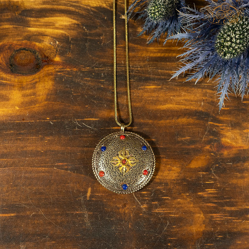 Traditional handmade inlaid metal filigree pendant necklace