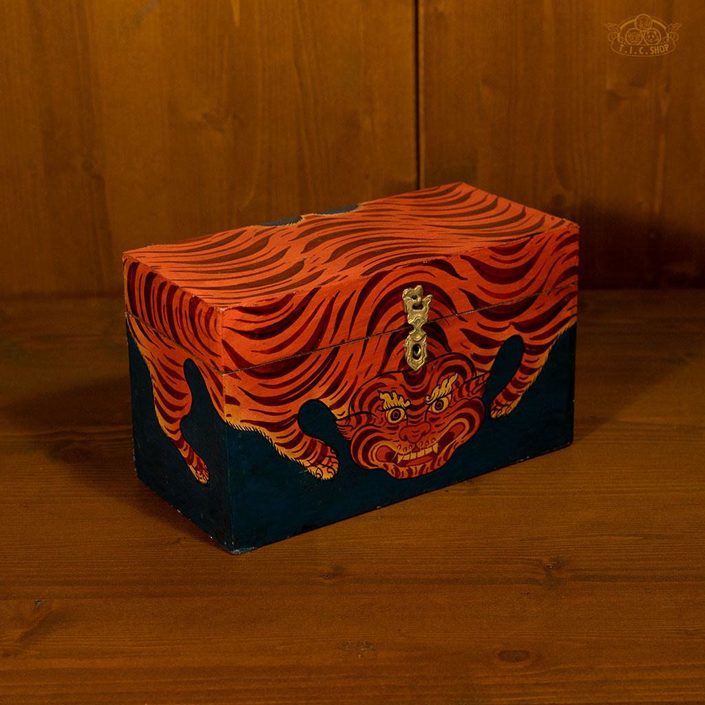 Tiger Motif Hand-Painted Wooden Treasure Chest Jewelry Box Dark Blue