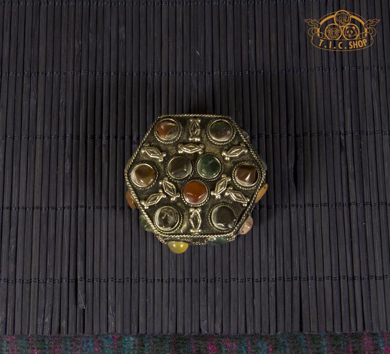 Tibetan Natural Stones Hexagon-Shaped Metal Trinket Box / Jewelry Box