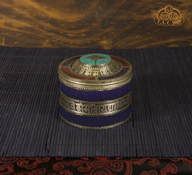 Wisdom Eyes & Om Mantras Tibetan Style Stone Inlay Metal Trinket Box / Jewelry Box